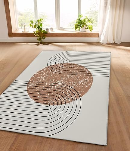 Alfombra moderna de mediados de siglo, minimalista, bohemio, de lino, color beige, no desprende pelusa, lavable de pelo bajo para sala de estar o