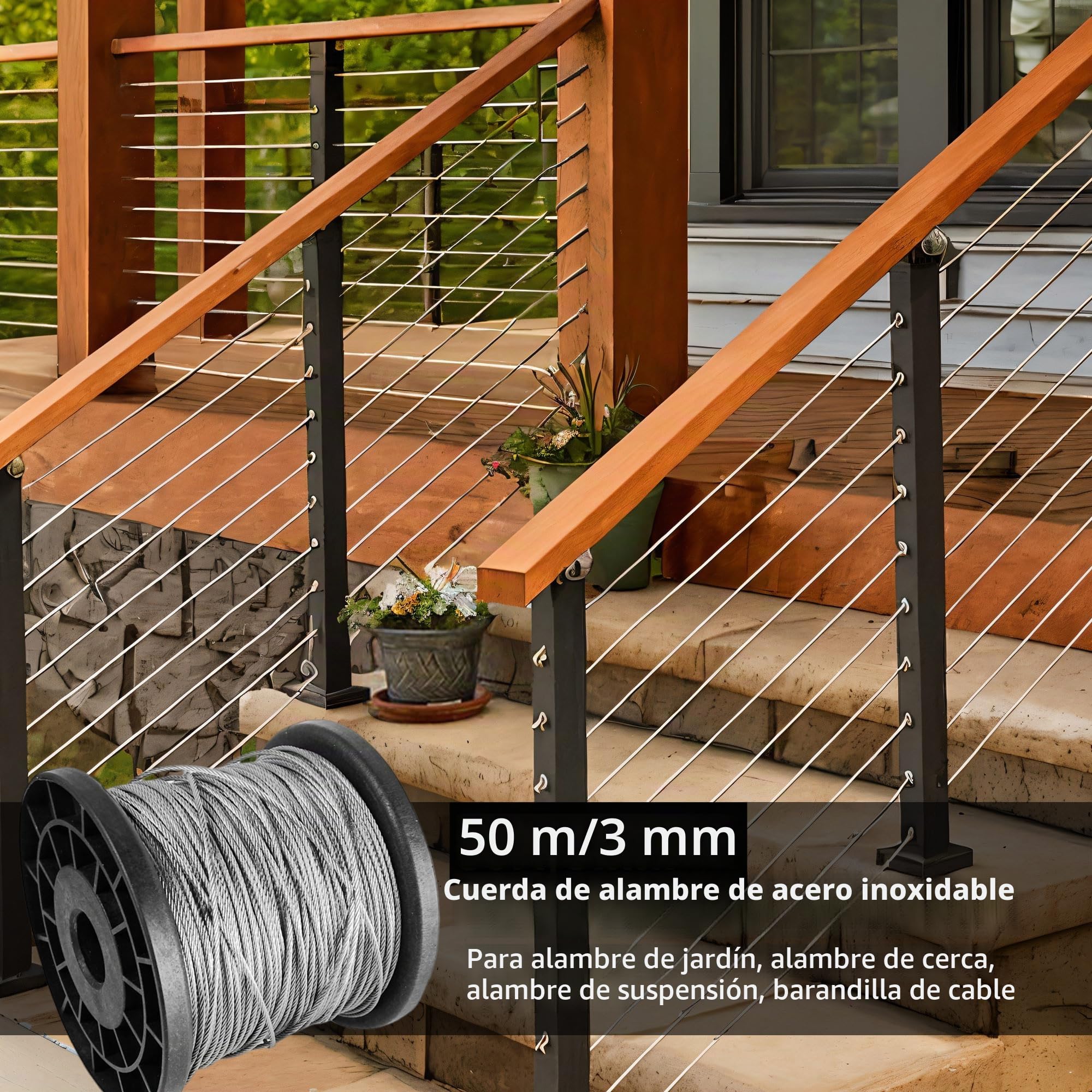Cuerda de alambre de 3 mm con revestimiento de PVC, 50 m, cable resistente de acero inoxidable 304, cable de jardín, núcleo de 7 x 7 hebras, con 60 abrazaderas de crimpado