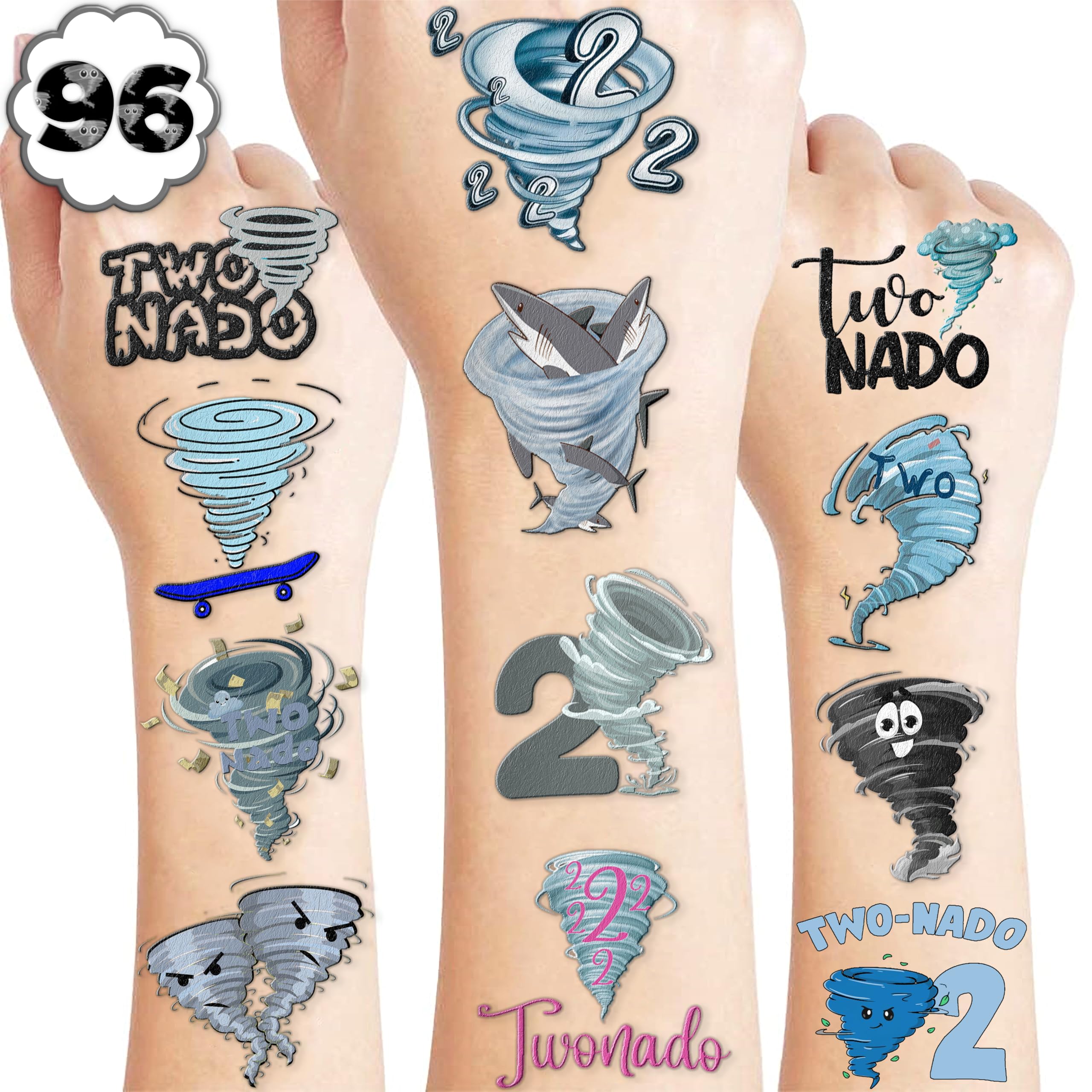100 PCS Two Nado Tornado Temporary Tattoos 2nd Themed Birthday Party Decorations Supplies Favors Décor Funny Weather Second Twonado Tattoo Stickers Gifts For Game Boys Girls Classroom School Prizes