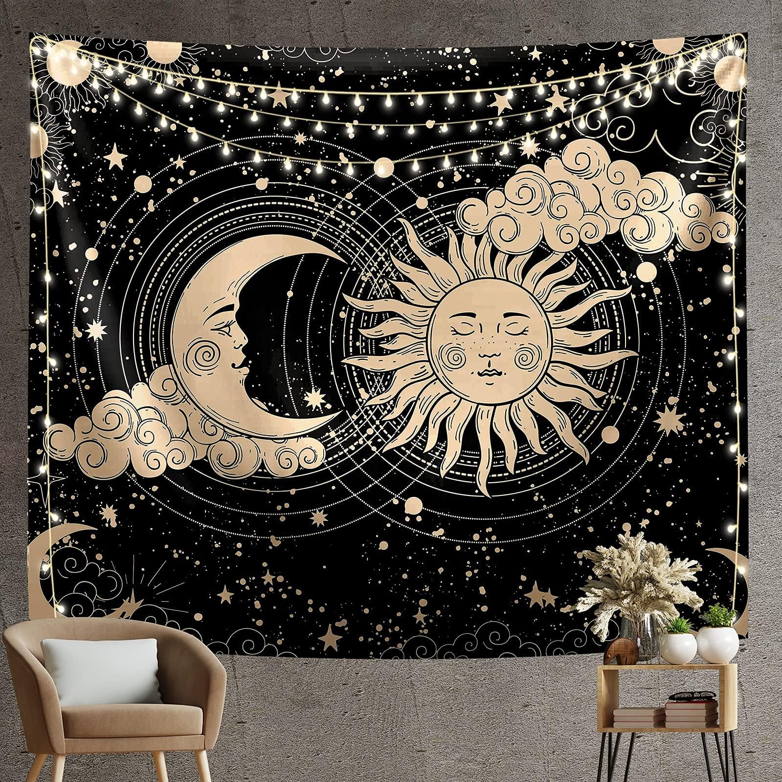 - HASTHIP® Polyester Sun and Moon Tapestry - Aesthetic Black Dark Spiritual Wall Art for Bedroom, Living Room Decor (51"X59")