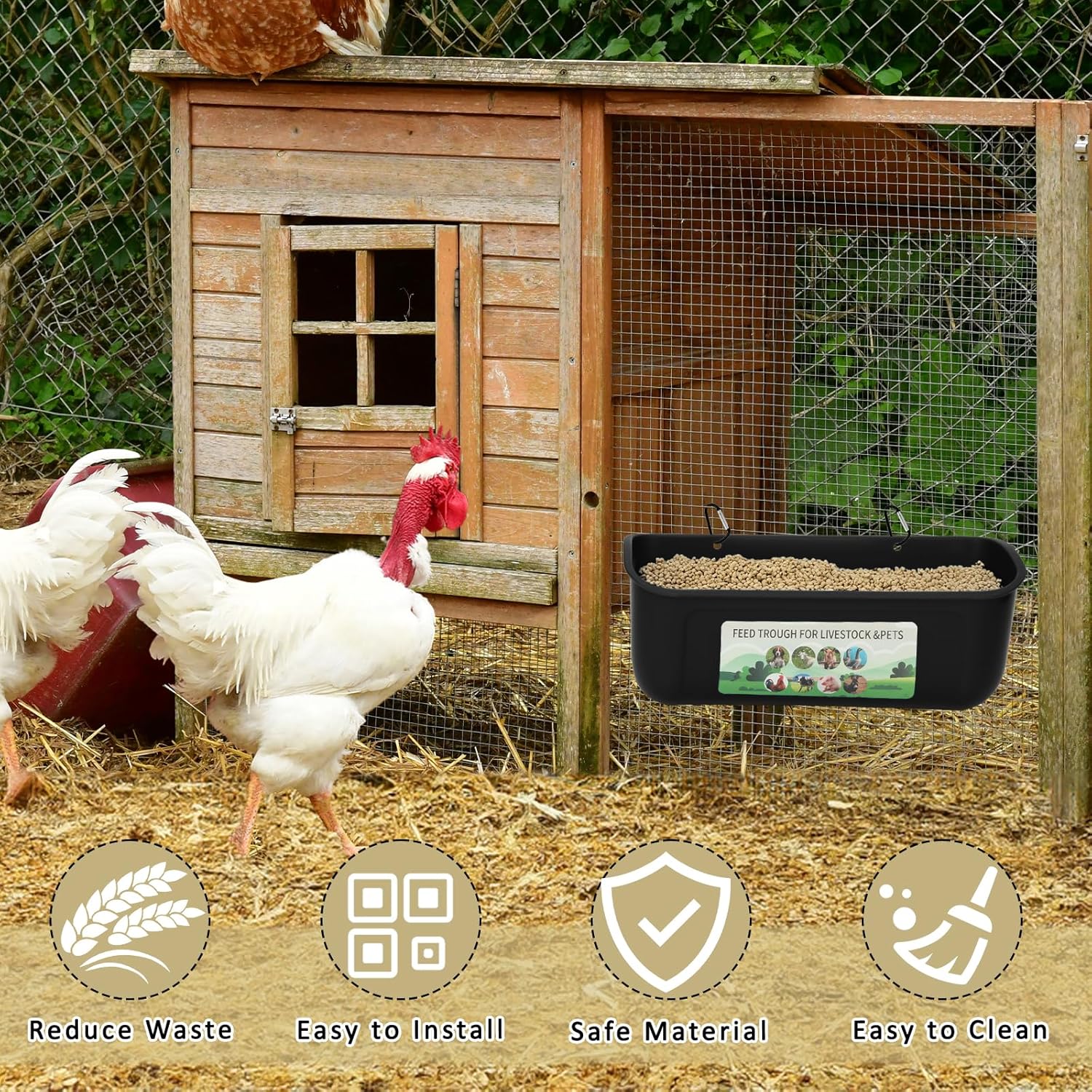 10 Pack Fence Feed Feeder 4.5 Quart Hanging Chicken Feeder Trough with Brush & Scoop Black Goat Hanging Fence Feeders Feeder with Hooks Screws & Zip Tie for Livestock Feeding Container Goats Supplies