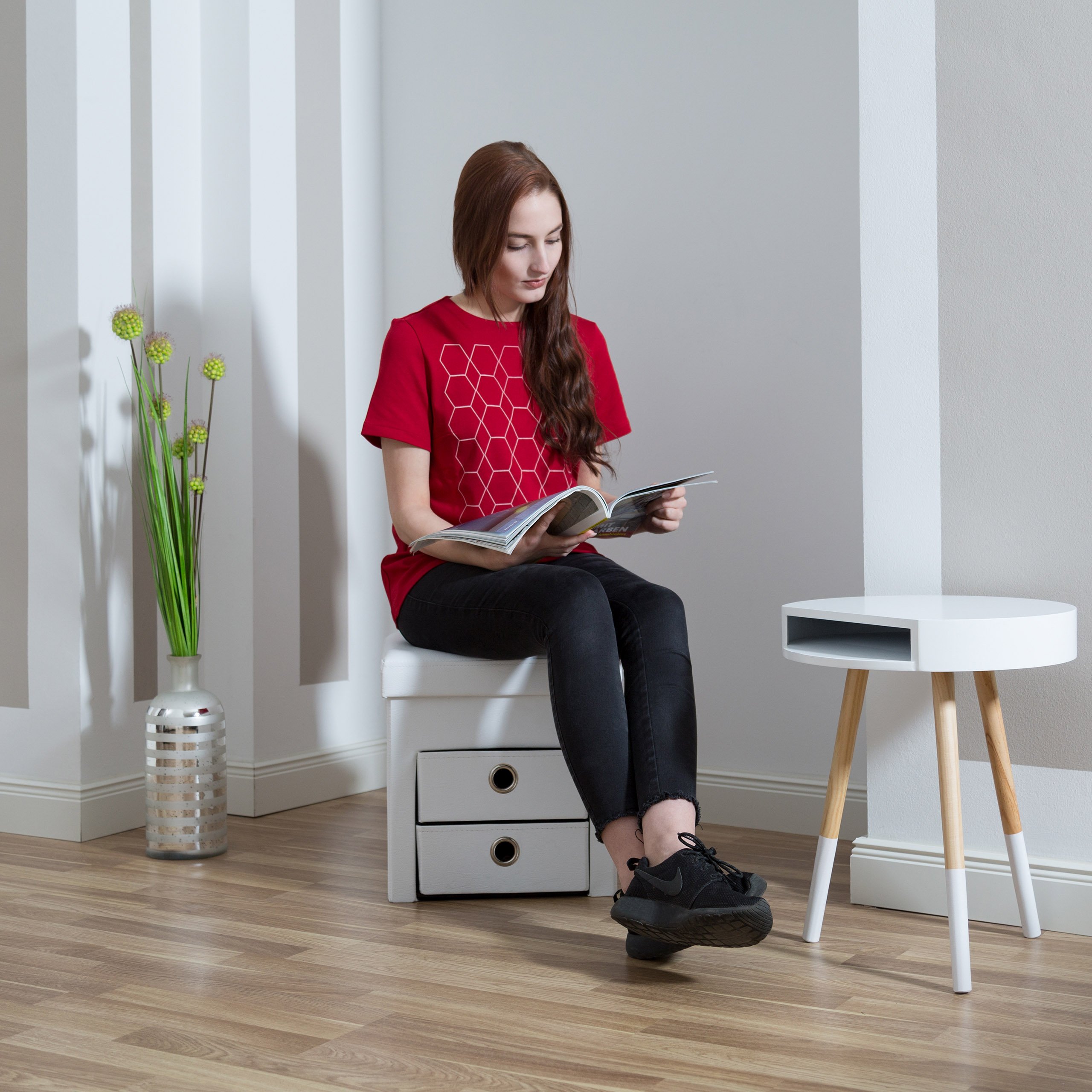 Relaxdays Pouf Contenitore Pieghevole, Scomparto Interno, 2 Cassetti Rimovibili, Cubo, finta pelle, Bianco, H X L X P: 38 x 38 x 38 cm