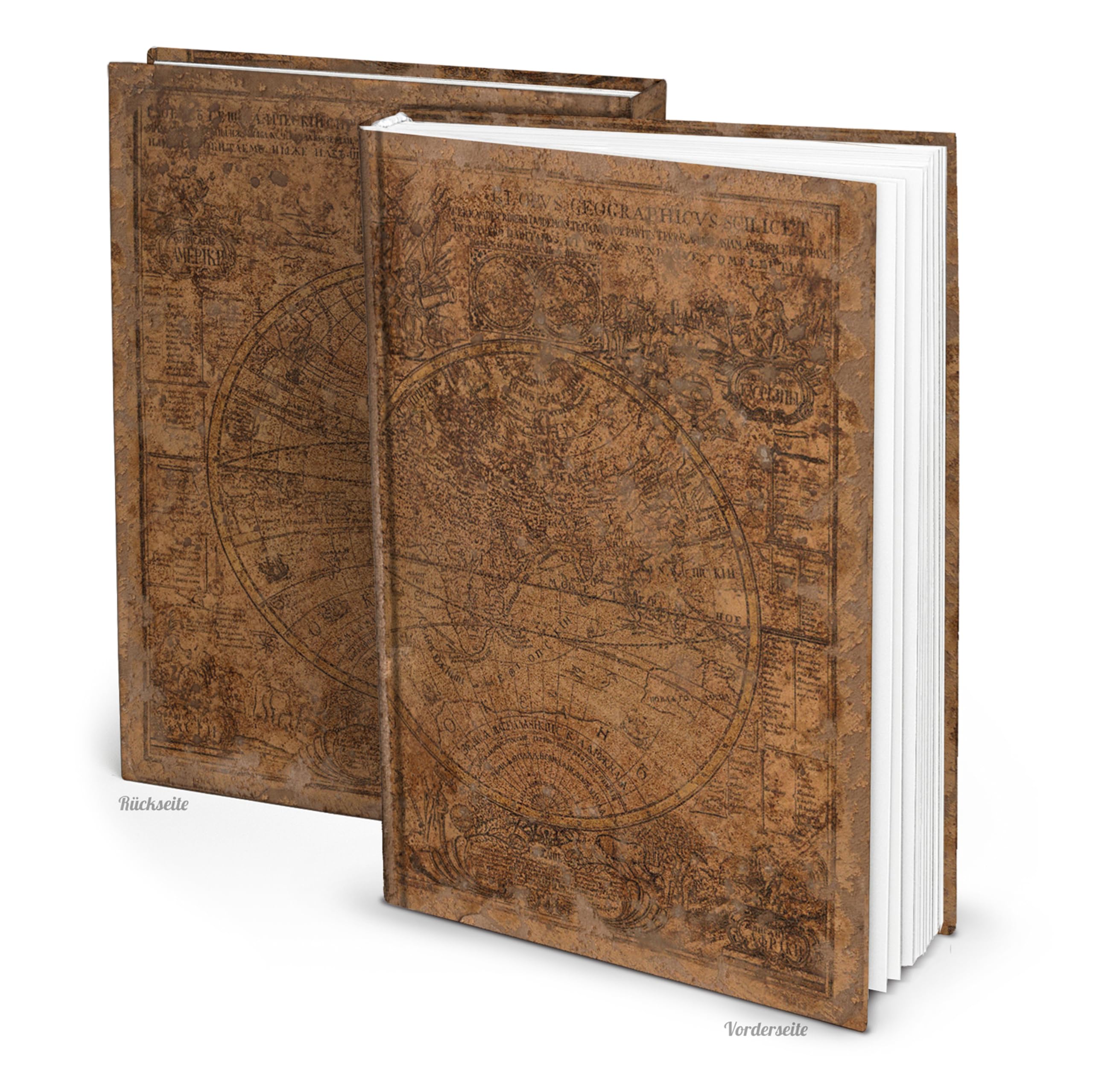 Logbuch-Verlag Journal XXL carte du monde DIN A4: carnet d’écriture vintage à couverture rigide simili cuir, 164 pages vierges pour notes, récits, dessins, journaling et voyages