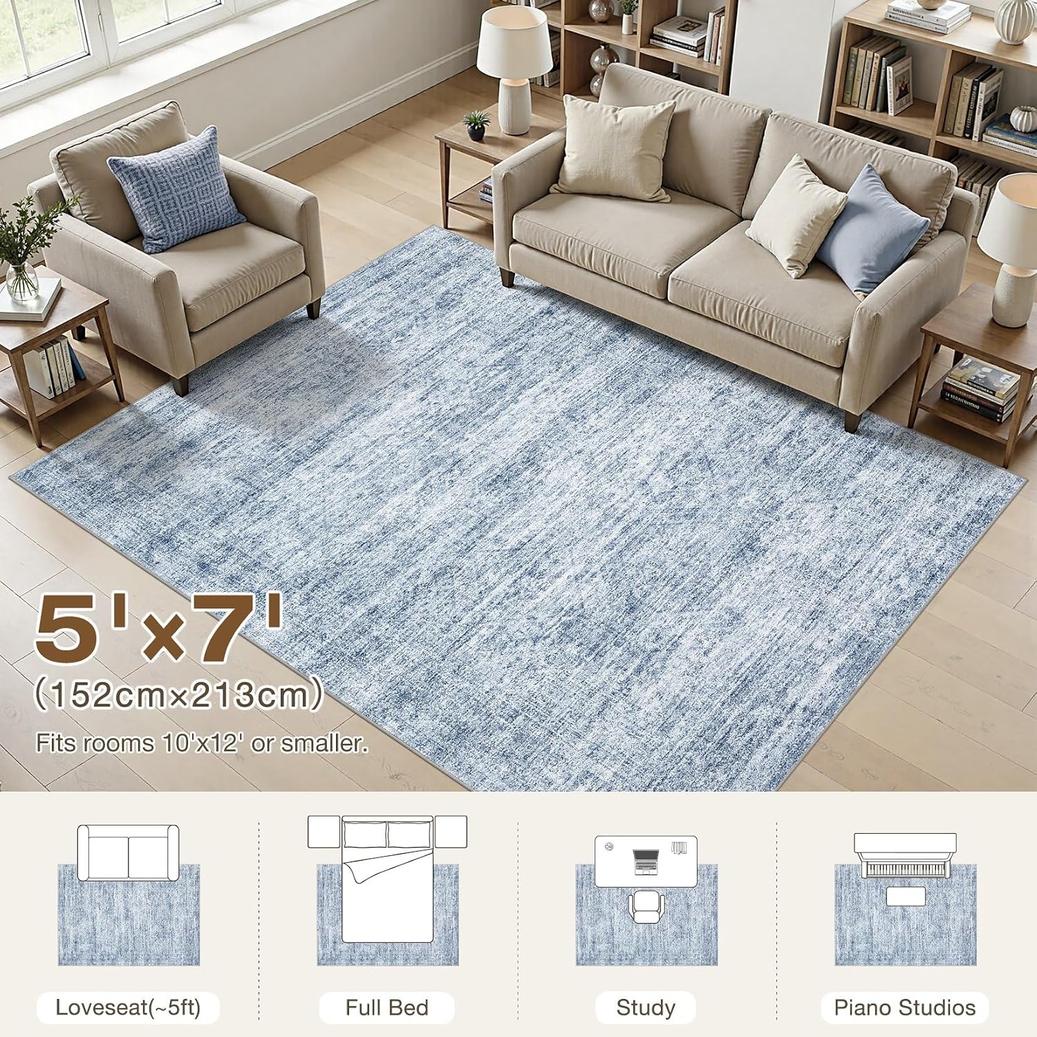 cotiled Large Area Rugs for Living Room 5x7, Machine Washable Rugs with Non Slip Backing Modern Neutral Abstract Rugs Stain Resistant Distressed Carpets for Home Office Decor (5x7 Blue)