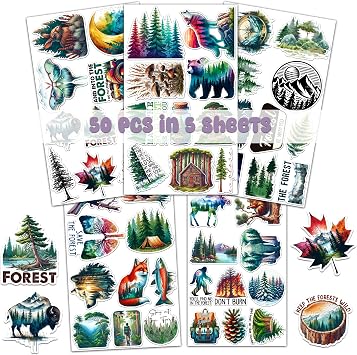 Pack 50 PCS Forest Stickers Trees Animals Waterproof Vinyl Decals Sticker Decor Water Bottles Laptop Refrigerator Suitcase Phone Skateboard Bike Gifts for Kids Teens Adults