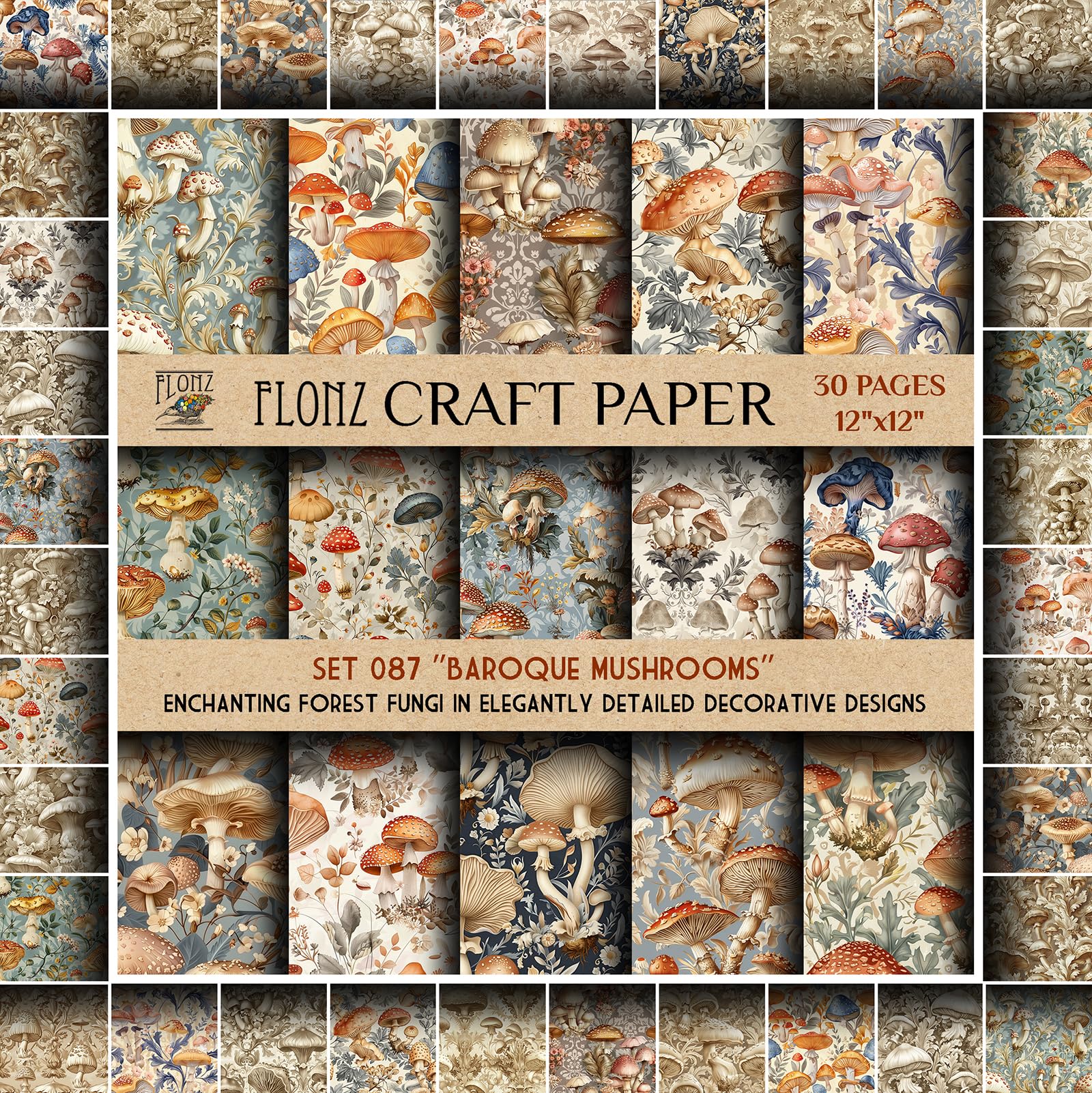 Scrapbook Paper (30 pages 12"x12") Baroque Mushrooms: Enchanting Forest Fungi in Elegantly Detailed Decorative Designs FLONZ Vintage Styled Double