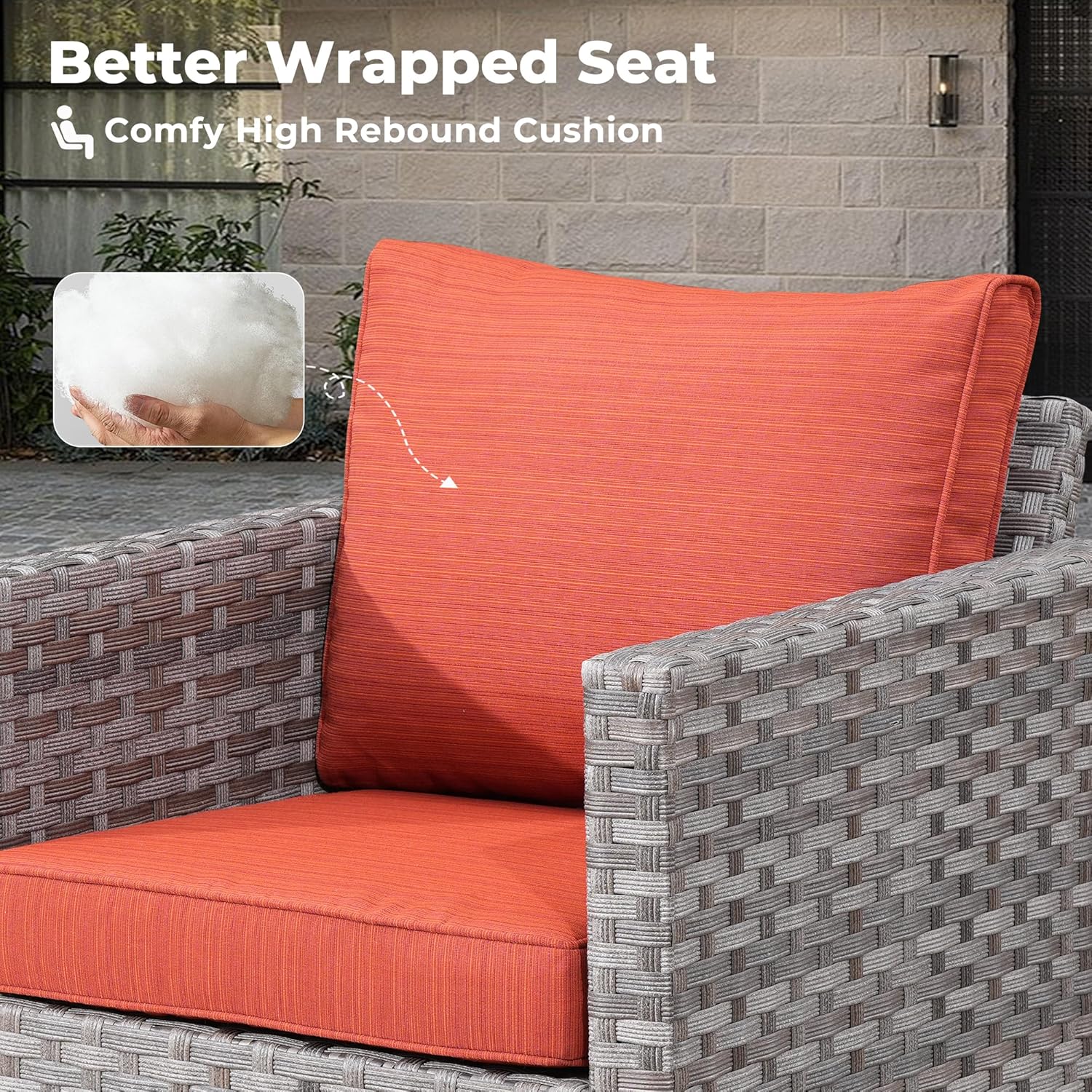 ovios Patio Rocking Chair, Outdoor Wicker Rattan Chair with Comfortable Cushions and Deep Seat for Porch Garden Deck, Orange Red