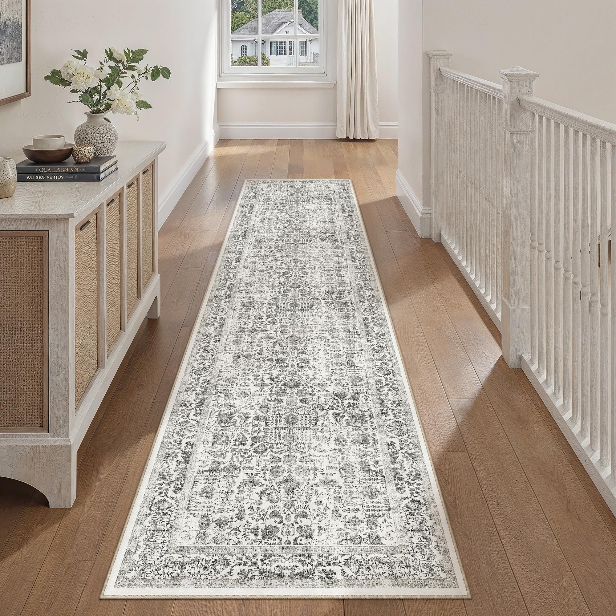 Black Runner Rug 2x10 Hallway Machine Washable Kitchen Vintage Distressed Non Slip Long Carpet Indoor Retro Floral Bedroom Accent Throw Rug for Bathroom Office Laundry Dining Room