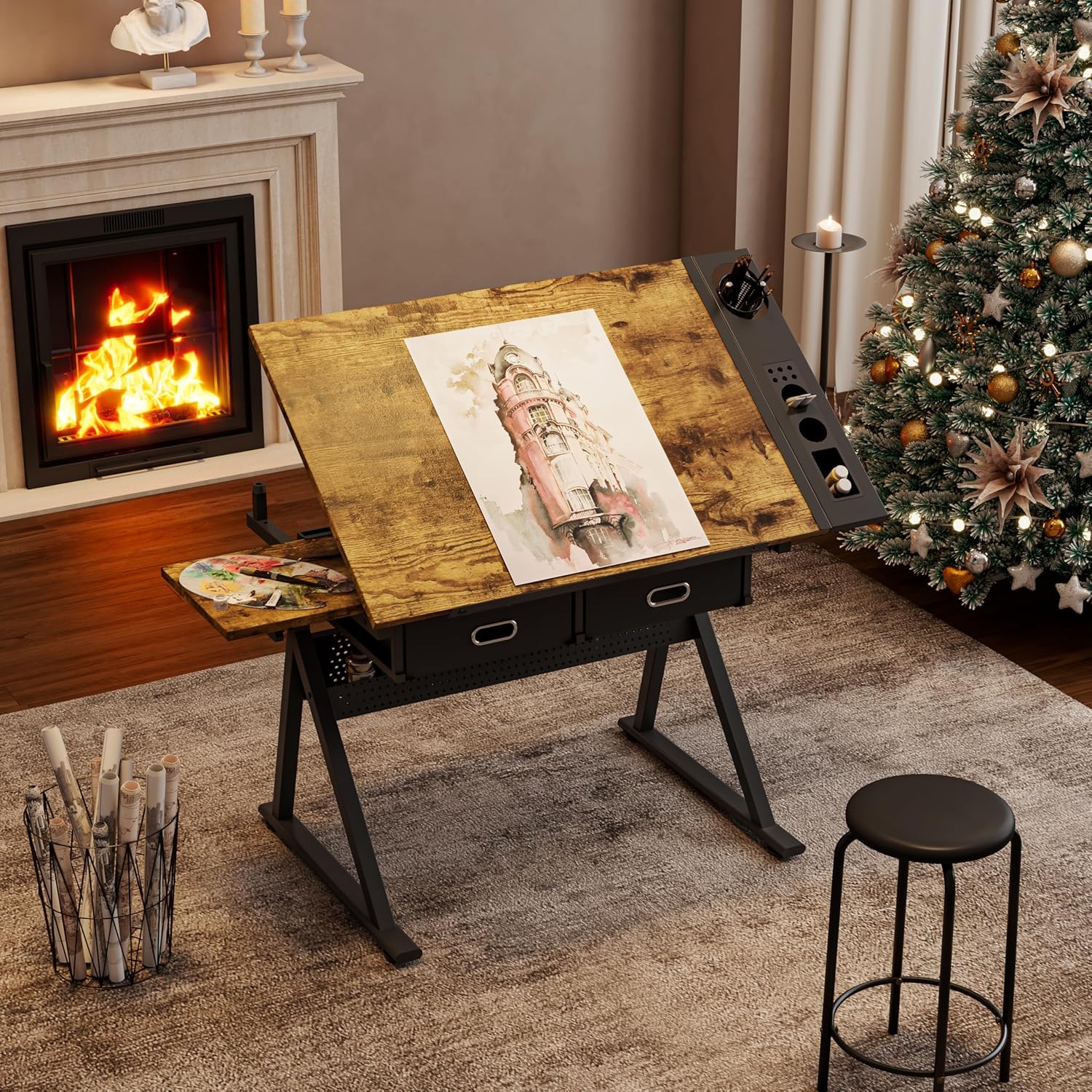 Height Adjustable Drafting Table with Stool, 0-75° Tilting Drawing Desk Artist Desk with 2 Storage Drawers, Watercolor Art Workstation for Home Office Drawing, Painting, Crafting, Writing, Sketching