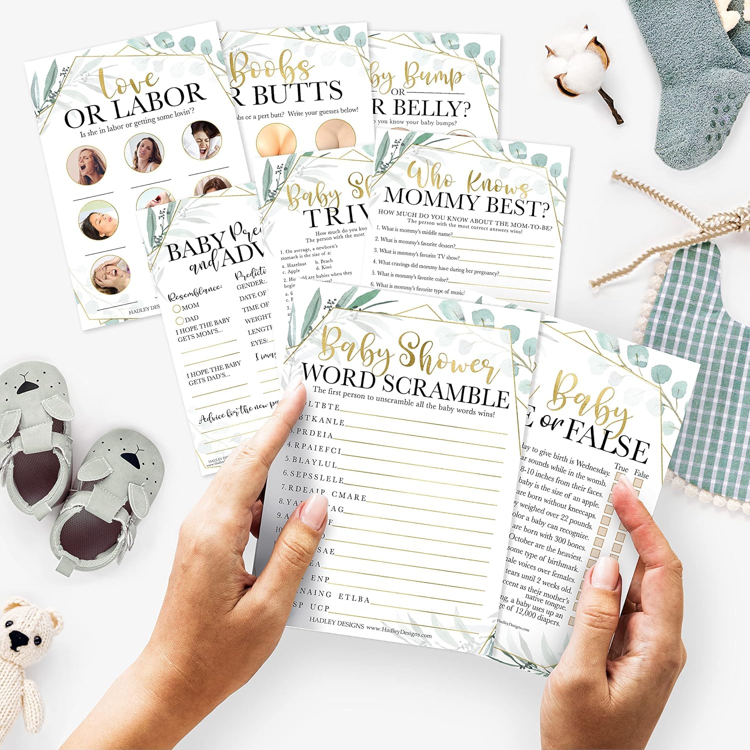 Hadley Designs 75 Greenery Who Knows Mommy Best, Baby Prediction and Advice Cards, 25 True Or False, Word Scramble For Baby Shower Ideas-8 Double Sided Cards Games Funny, Baby Shower Party Supplies