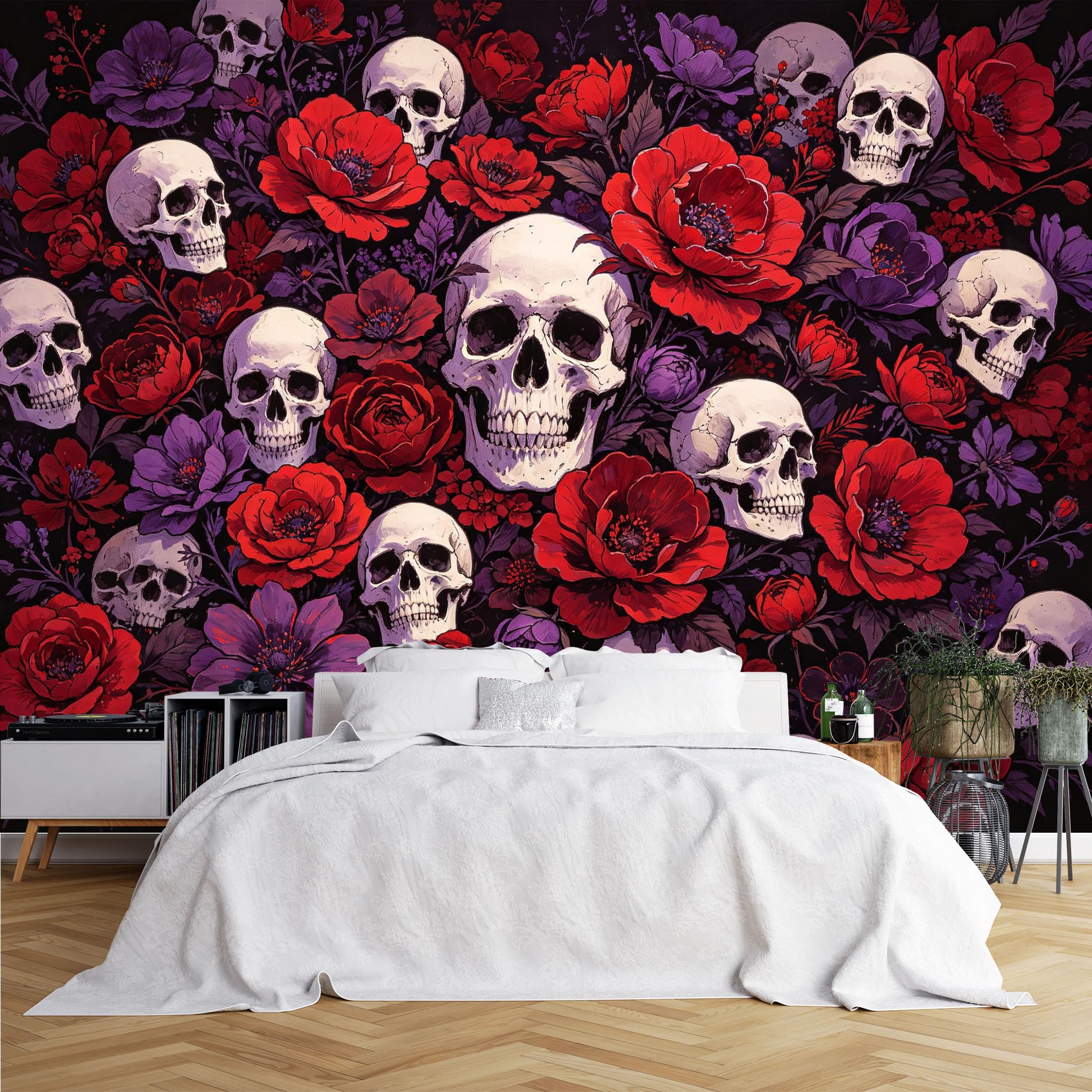 Lcythiazole Ch260615040 Custom Size Wall Murals Skull Red Peony Gothic Pattern Wall Murals Wall Stickers Wallpaper Self-Adhesive Removable Wallpaper For Bar Halloween Bedroom