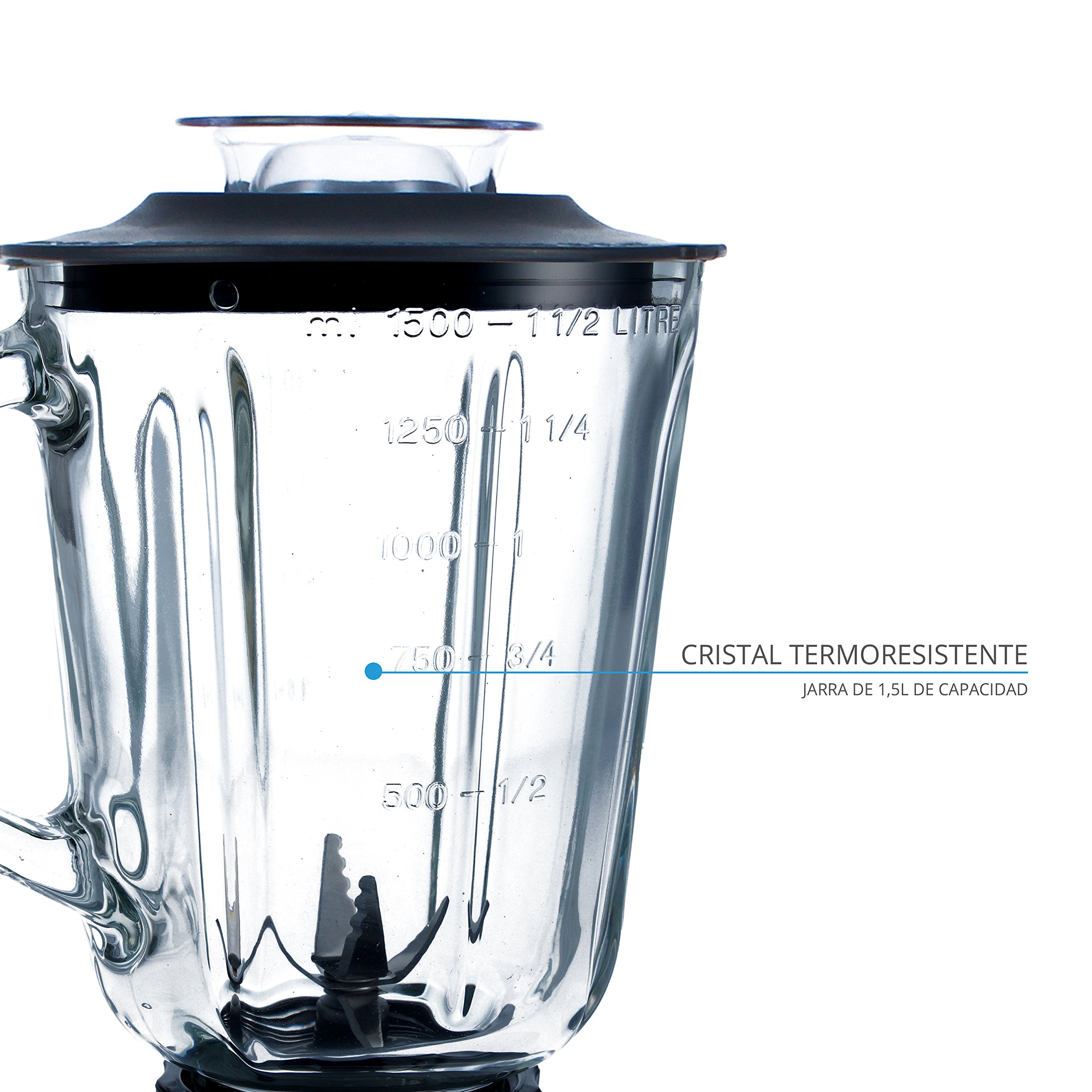 batidora de vaso de cristal 1,5L de capacidad, 500W, cuerpo de acero y molinillo de café