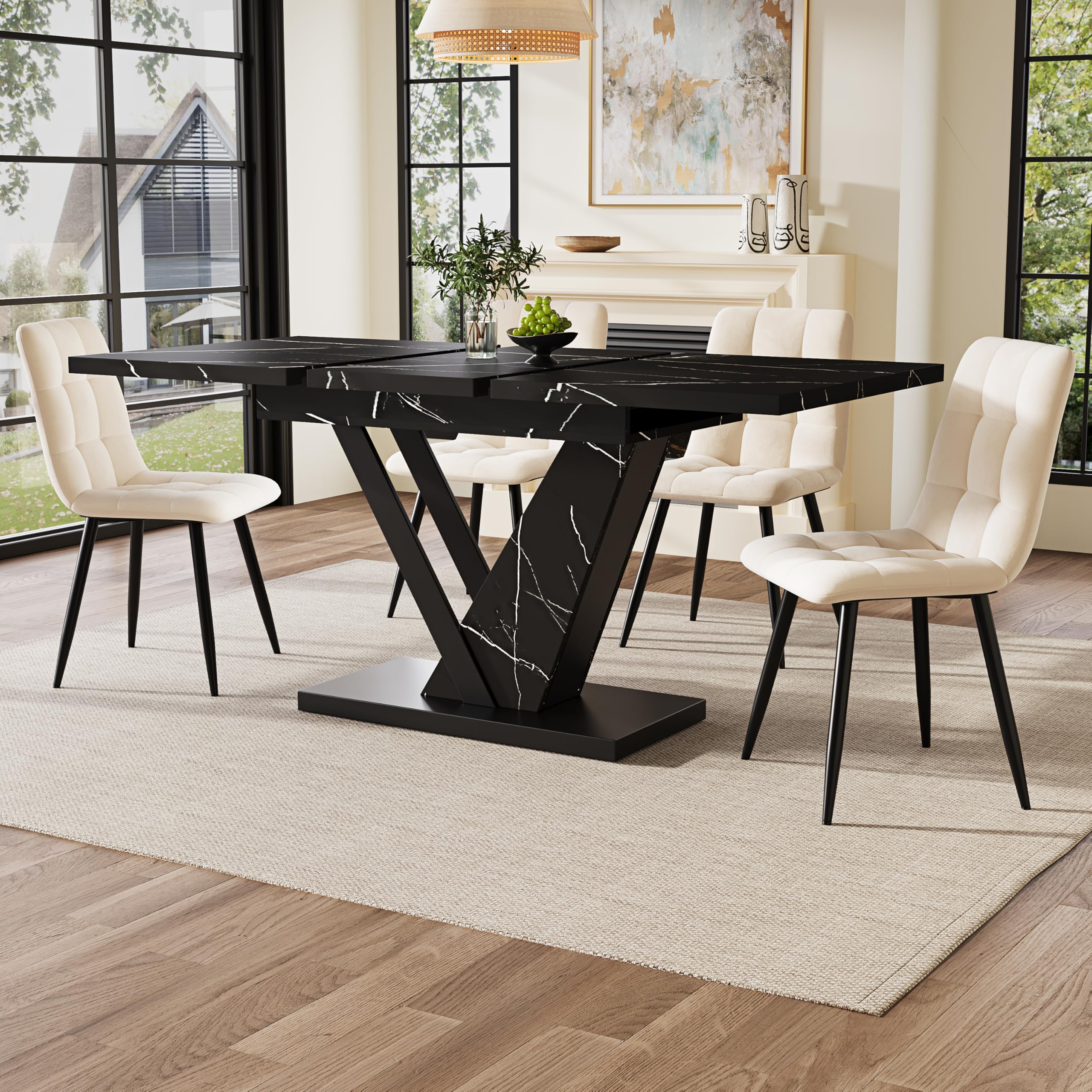 Mesa de comedor telescópica extensible (120-160 cm) con elegante acabado de mármol negro, versátil mesa de cocina y sala de estar, platos ajustables para reuniones familiares