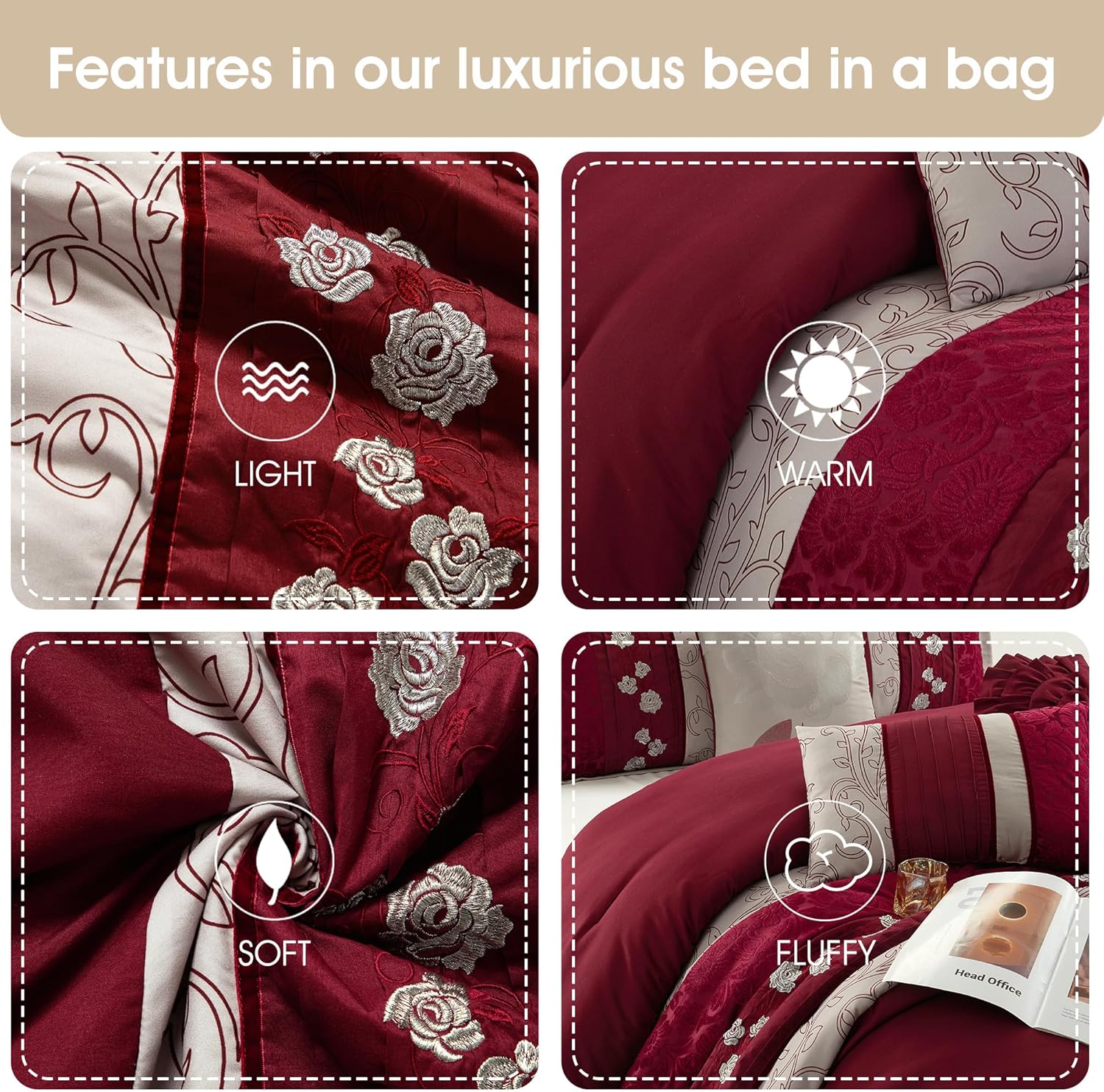 Grand Avenue Wine California King Comforter Set, Piecework with Flocking Embroidery Bedding, Floral 7 Pieces Comforters, Bedskirt, Pillows & Shams