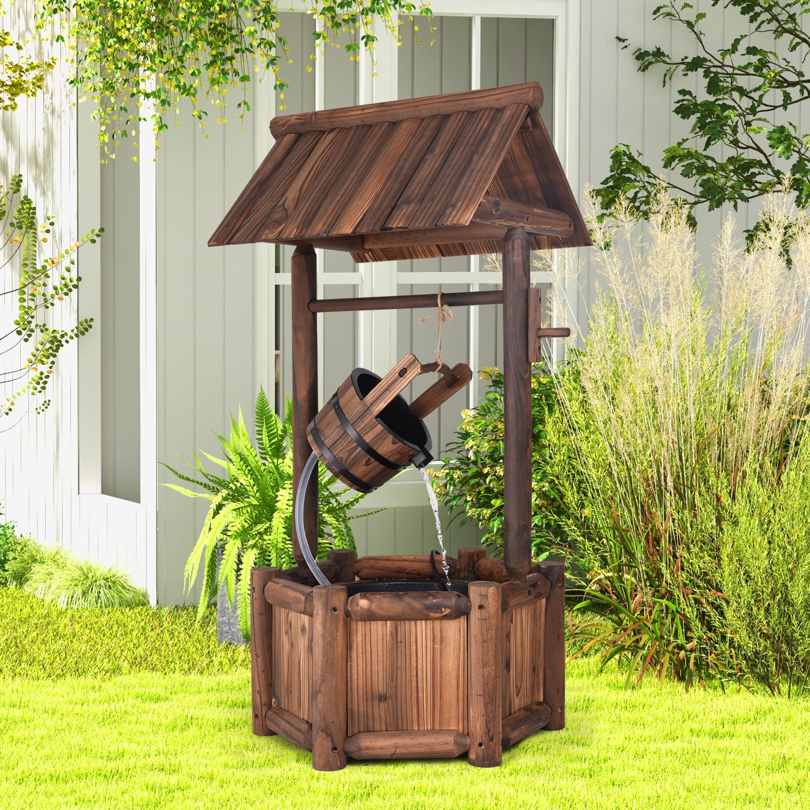 SOARS Fontaine Exterieure de Jardin 58 X 58 X 114 CM, Puit Decoration Jardin en Bois de Sapin avec Toit pour l'Extérieur, Seau Réglable en Hauteur, pour Cour, Pelouse, Jardin (58 X 58 X 114 CM)