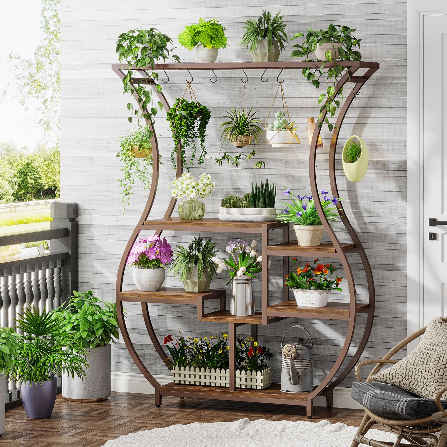 Tribesigns Blumenstnder, Pflanzenstnder fr den Innenbereich, 6-stckig,  180 cm, Gewlbtes Metall-Pflanzenregal mit 10 S-Haken, Prsentationsregal  fr Indoor Innenbereich, Balkon, Rustikales Braun: Amazon.de: Garten