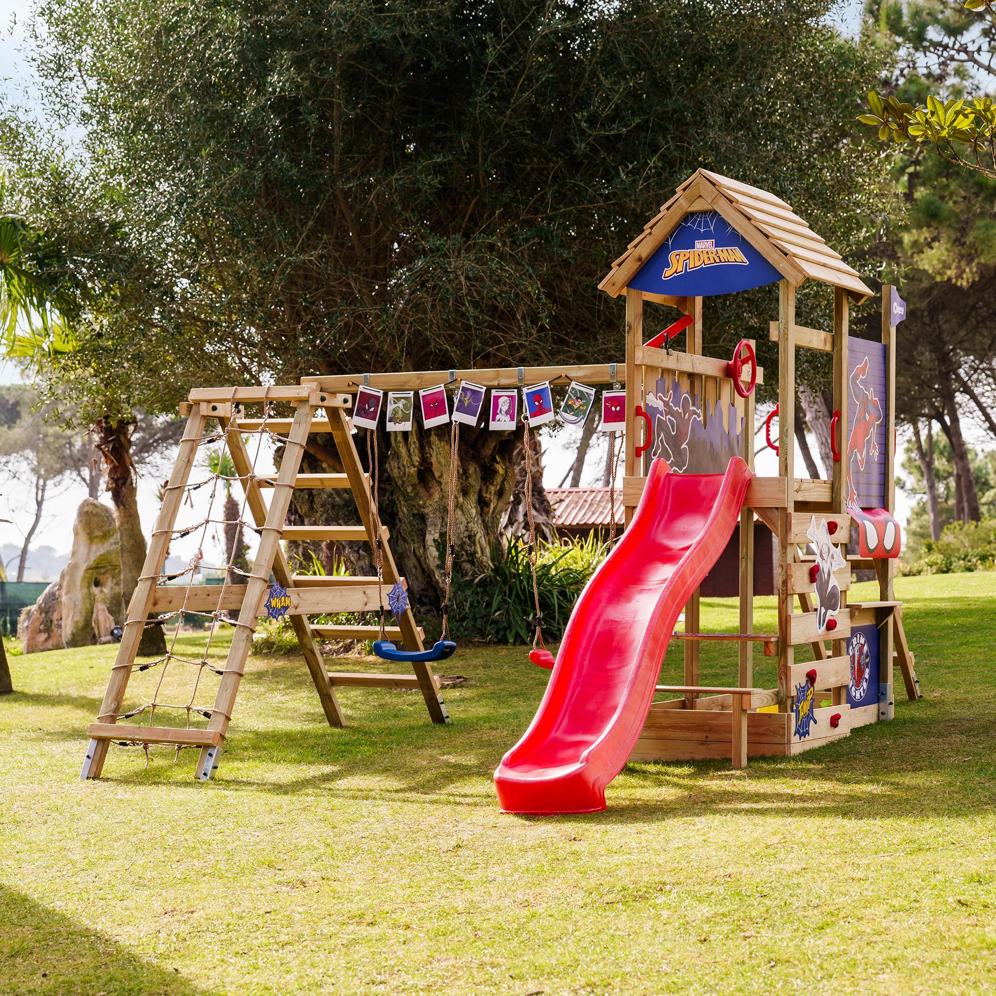 Marvel'S Spider-Man Saga Parque Infantil de Wickey - Estructura para trepar, Equipo de Juegos de jardín para niños - Parque Infantil de jardín de Madera para Exteriores