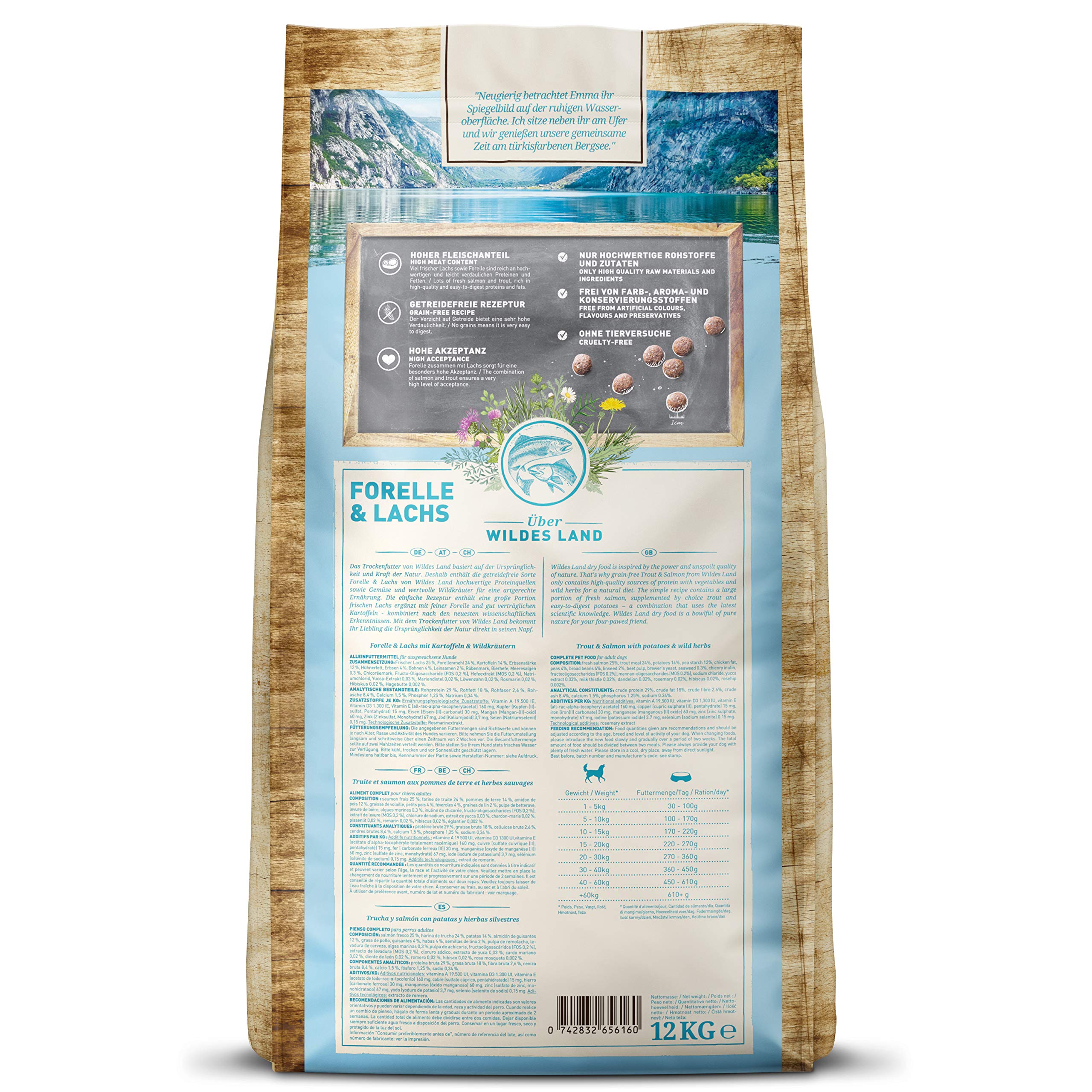 WILDES LAND – Lachs | Trockenfutter mit extra hohem Fleischanteil und natürlichen Zutaten für ausgewachsene Hunde. Alleinfutter ohne Zusatzstoffe im Beutel | 12kg Lachs
