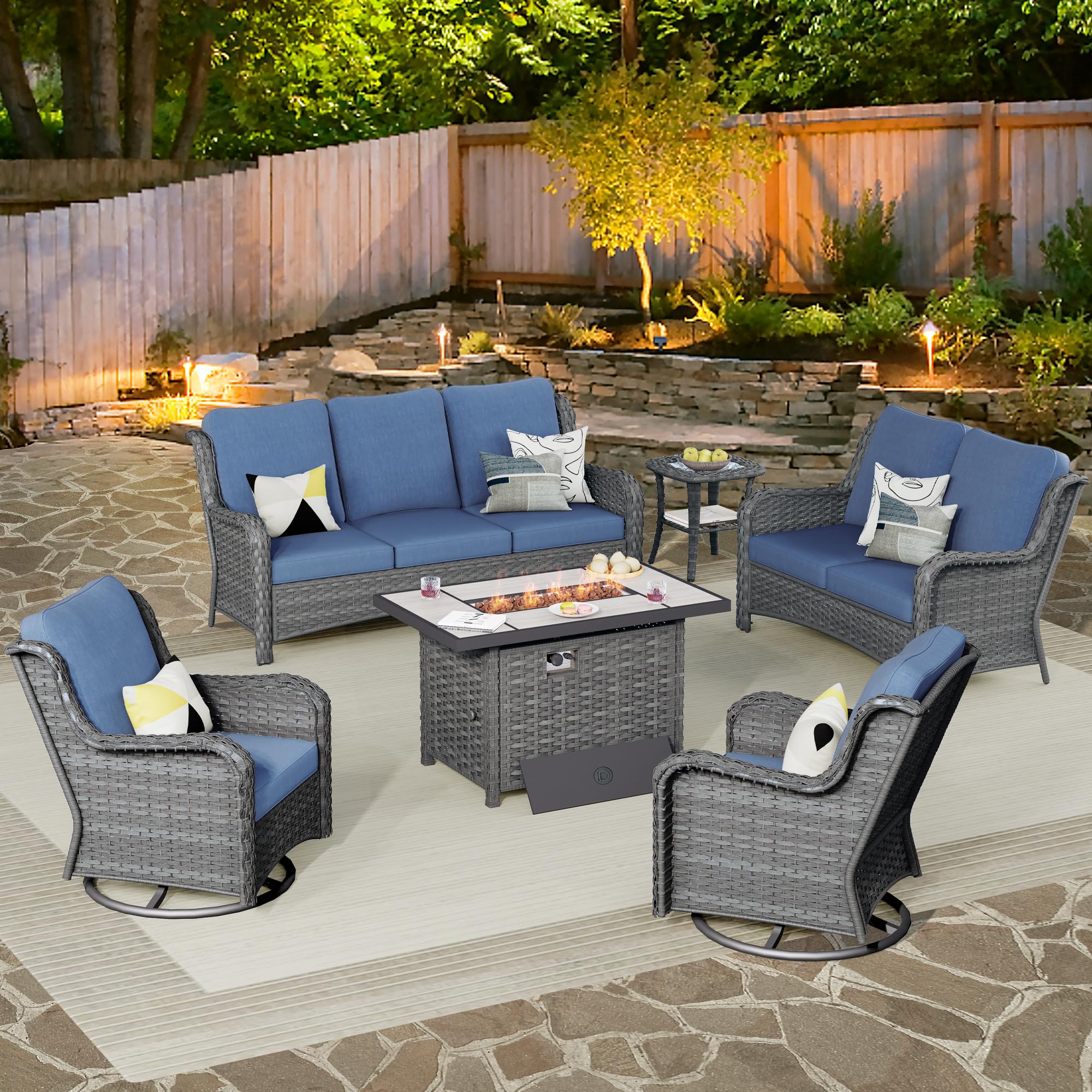 ovios 6 Pieces Patio Furniture Set with 42 inch Fire Pit Table, Outdoor Wicker Sofa Couch Loveseat, Swivel Rocking Glider Chairs, Modern Conversation Set, Grey Rattan, Denim Blue