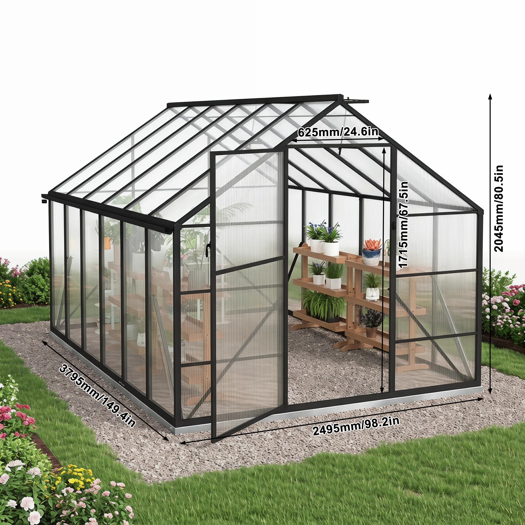 YRHome Aluminium Gewächshaus 249,5x379,5x204,5cm, 5.2mm Polycarbonat Hohlkammerplatten, Schwarz, Gartengewächshaus Wetterfest Winterfest Garten Treibhaus Gartengewächshaus Schwarz