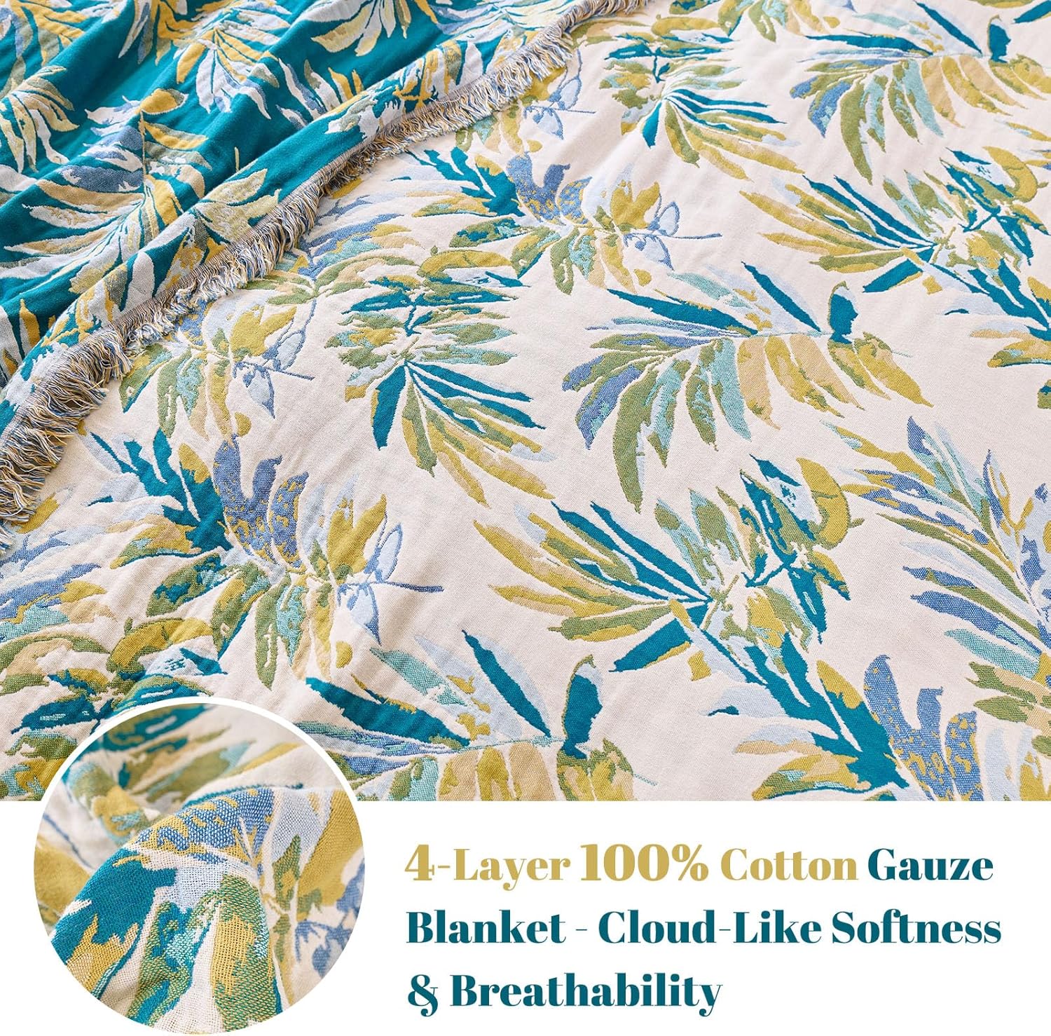 MSGKV Boho Throw Blanket for Bed Cotton 60"x80" Leaves Blanket Twin Size Couch All Seasons Muslin Breathable Lightweight Farmhouse Blankets - Image 4