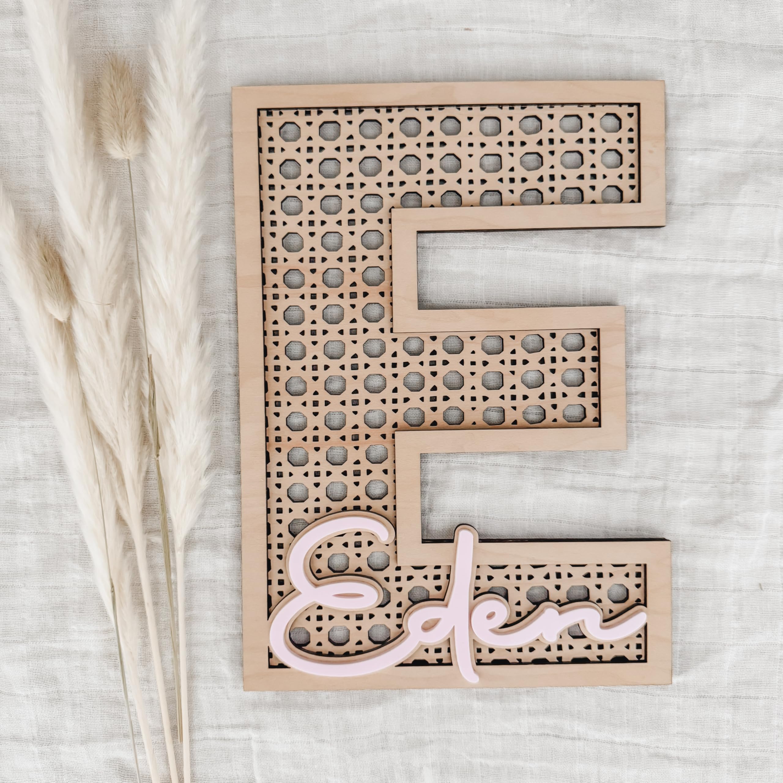 Custom Boho Wood Personalized Initial & Name Sign - Handmade Rattan Wall Decor for Nursery or Child's Bedroom - Baby Shower Present or Newborn Gift