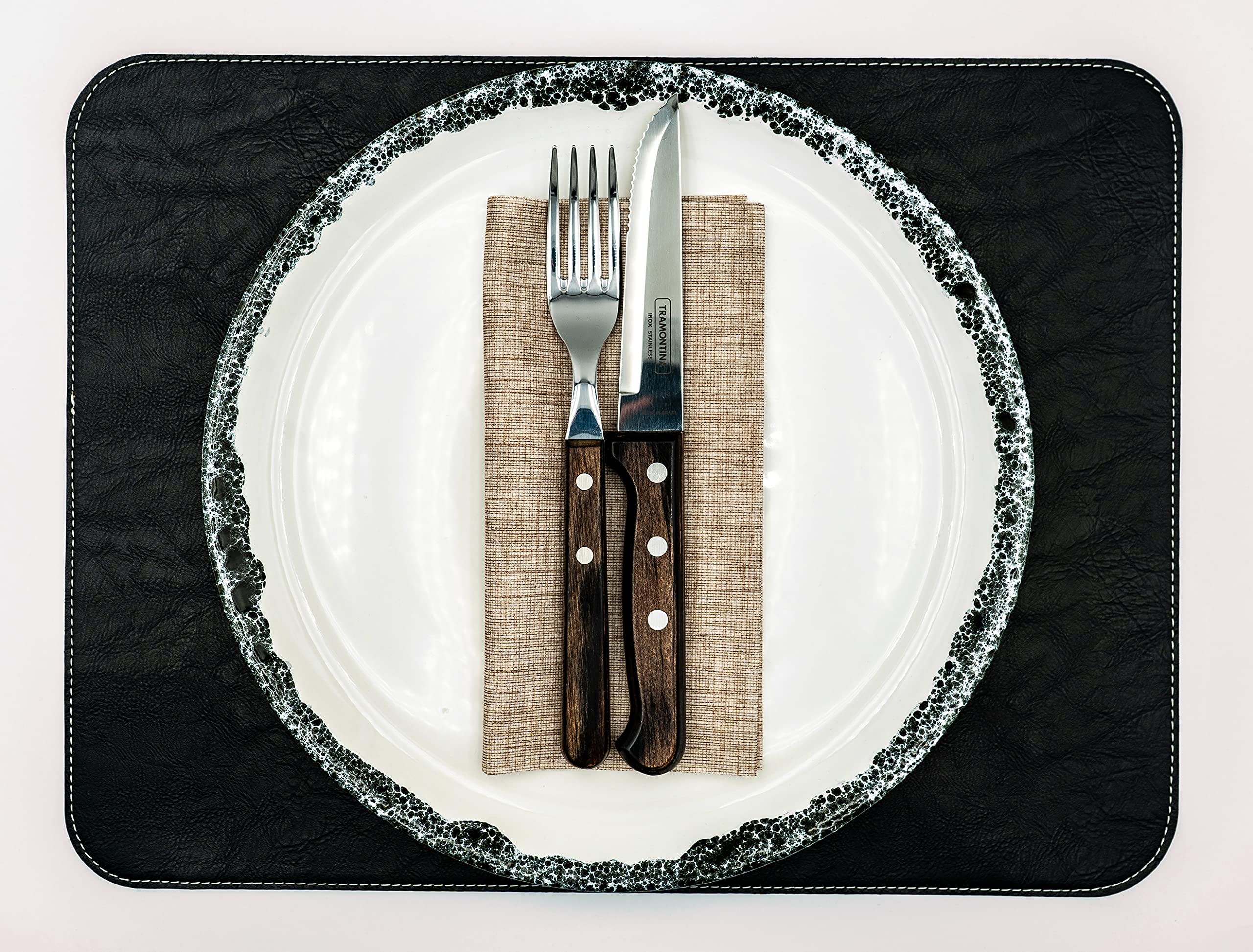 Tischset 6er Pack aus PU Leder | doppelseitig vegan wasserfest abwaschbar Kunstleder Lederoptik Platzset Platzdeckchen Set 40 x 30 Vintage (Nachtschwarz, Barrique)