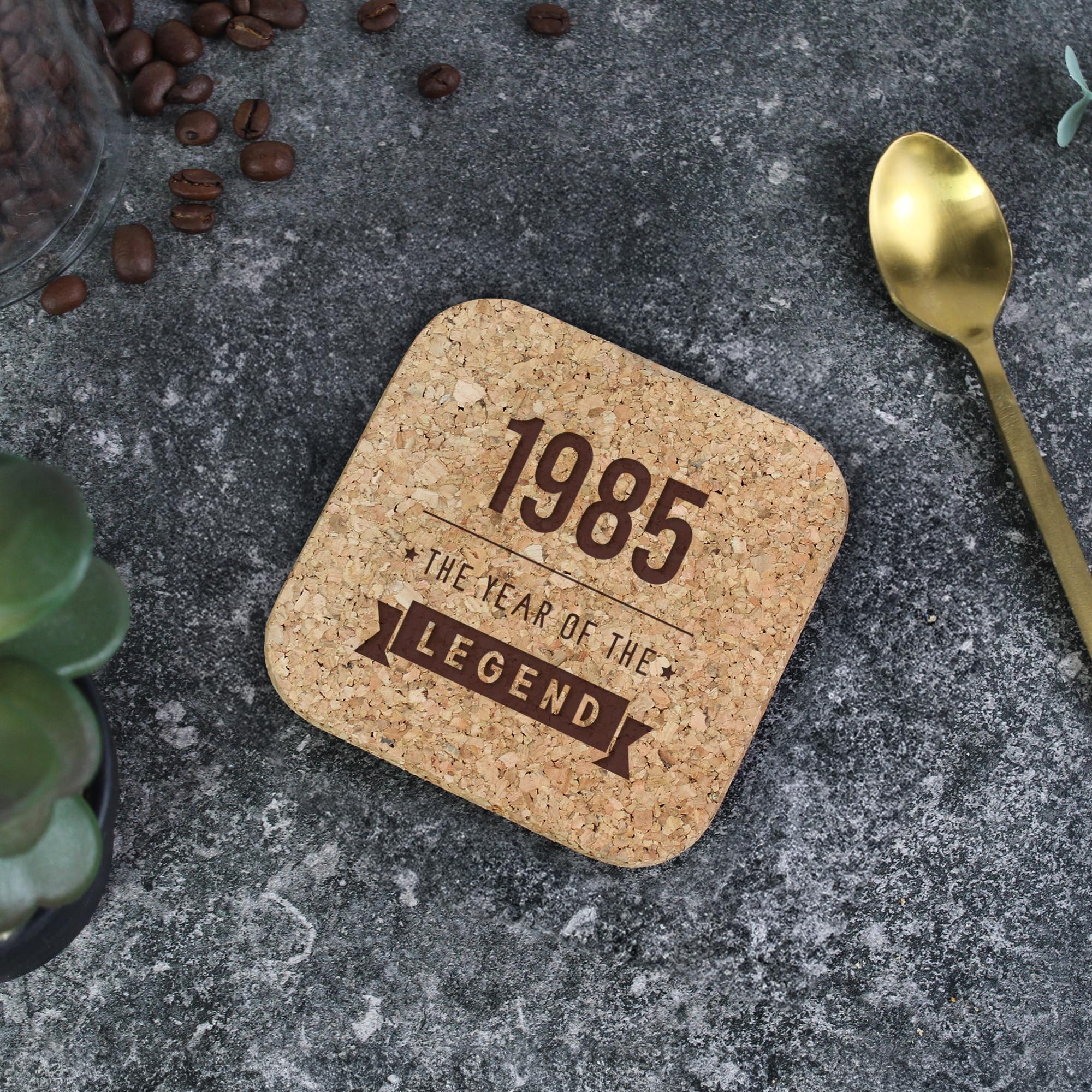 eBuyGB Engraved 1985 Year of The Legend Square Cork Coaster, 40th Milestone Birthday Gift for Men, Fortieth Gift for Him