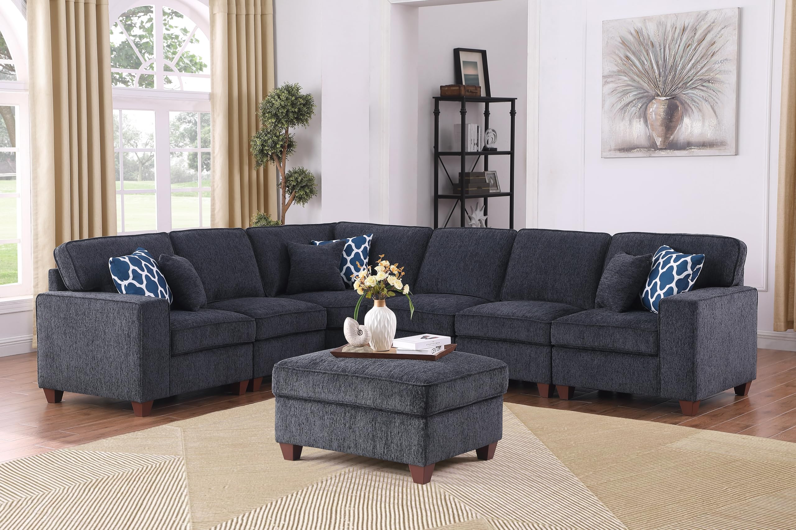 YOPTO 116" Convertible Sectional Couch with Movable Ottoman and 6 Throw Pillows,Chenille Upholstered Comfy Sofa 7 Seater,L-Shaped,Free Combination,