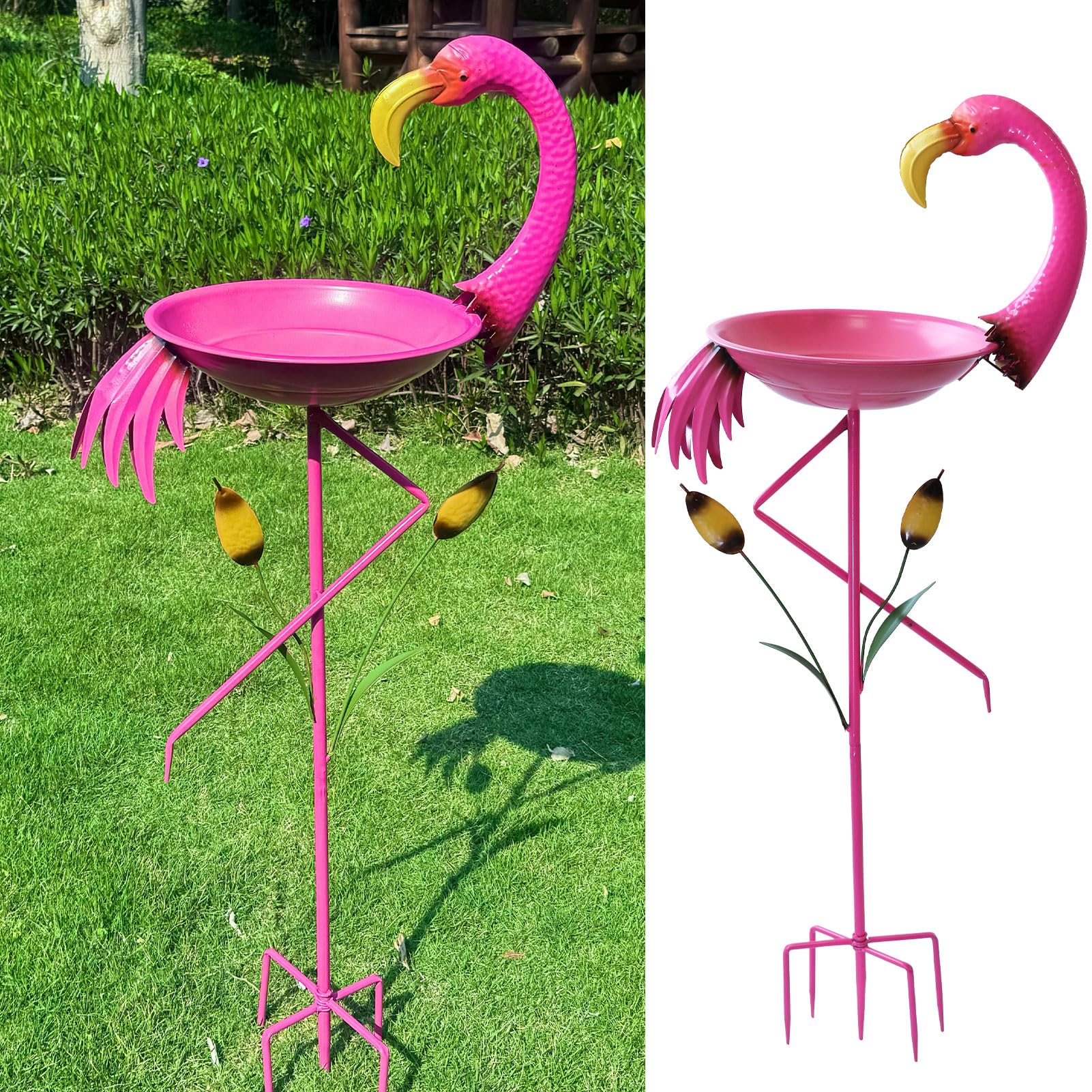 Baño para pájaros de flamenco, de 31 cm de profundidad x 114 cm de alto, baños de metal para pájaros para exteriores, comedero para pájaros con estaca de 5 puntas para decoración de jardín