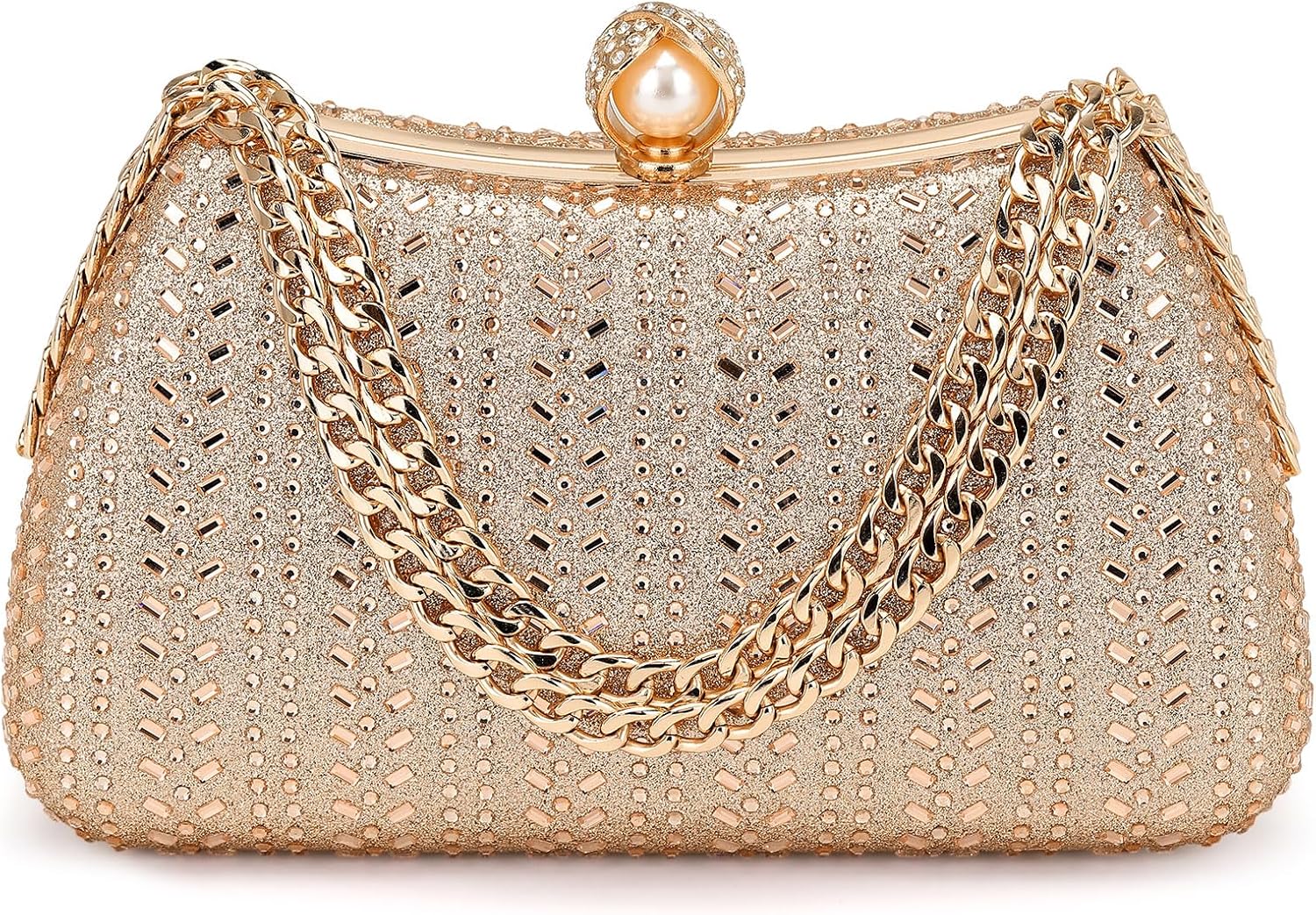 Rhinestone Glitter Clutch Purse for Women, Sequin Evening Bag with Pearl, Sparkly Wedding Handbag for Bride Party Formal, Champagne