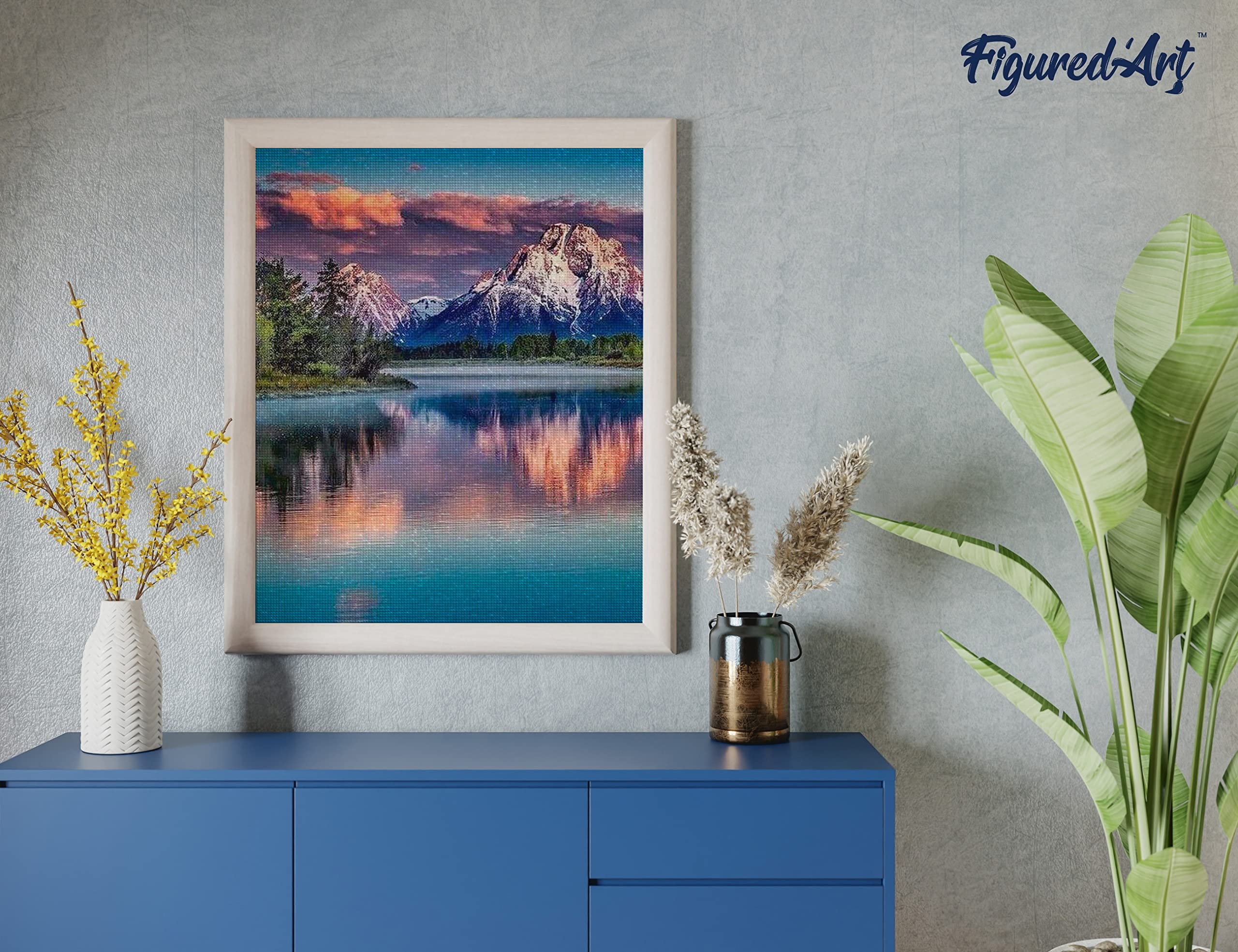 Figured'Art Diamond Painting Art 5D kit completo 40x50cm Tela Arrotolata Interamente da Ricoprire di Diamonds Quadrati - Lago E Paesaggio Di Montagna - Pittura Diamante - Attività Creativa per Adulti