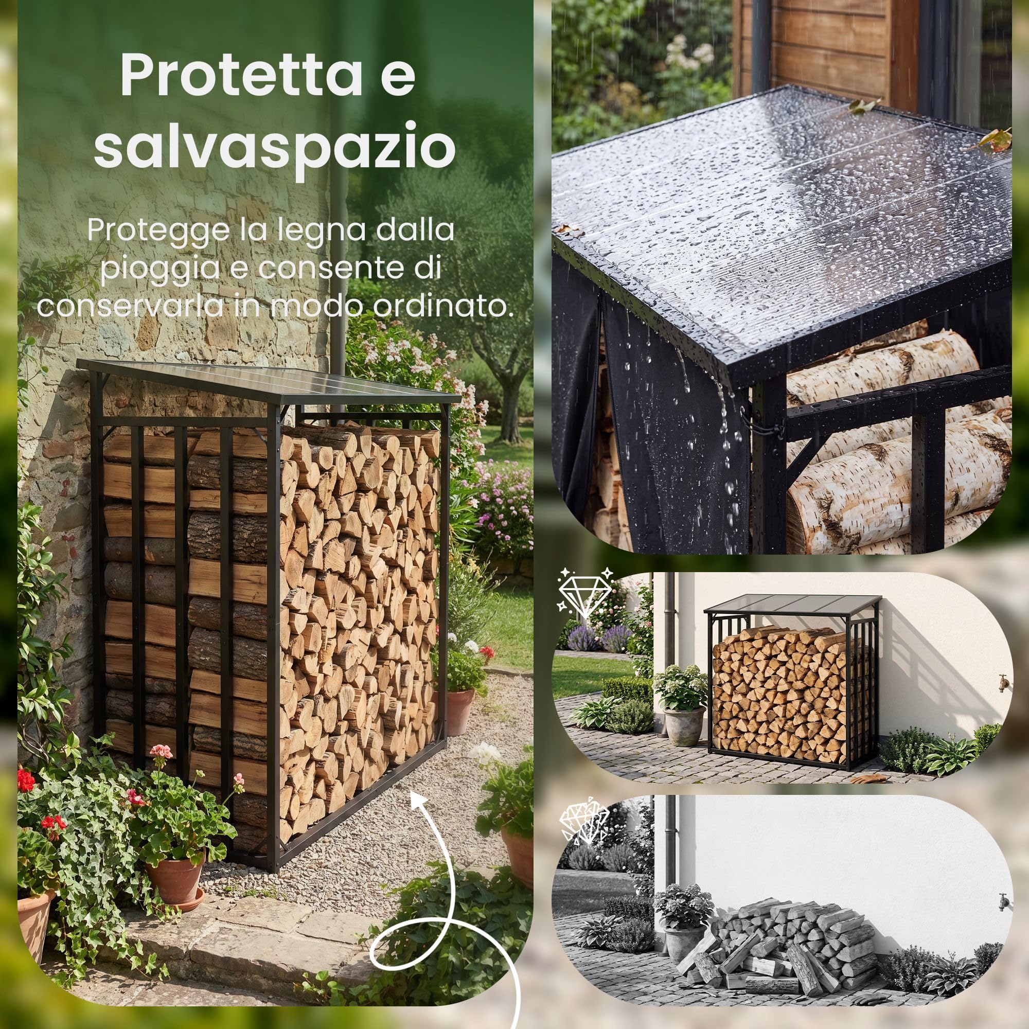 CLP Portalegna da Esterno 189x100x187 cm Desmond, deposito in Acciaio, Telo 600D Poliestere, Borsa Porta Legna in Regalo Dimensione 180 cm