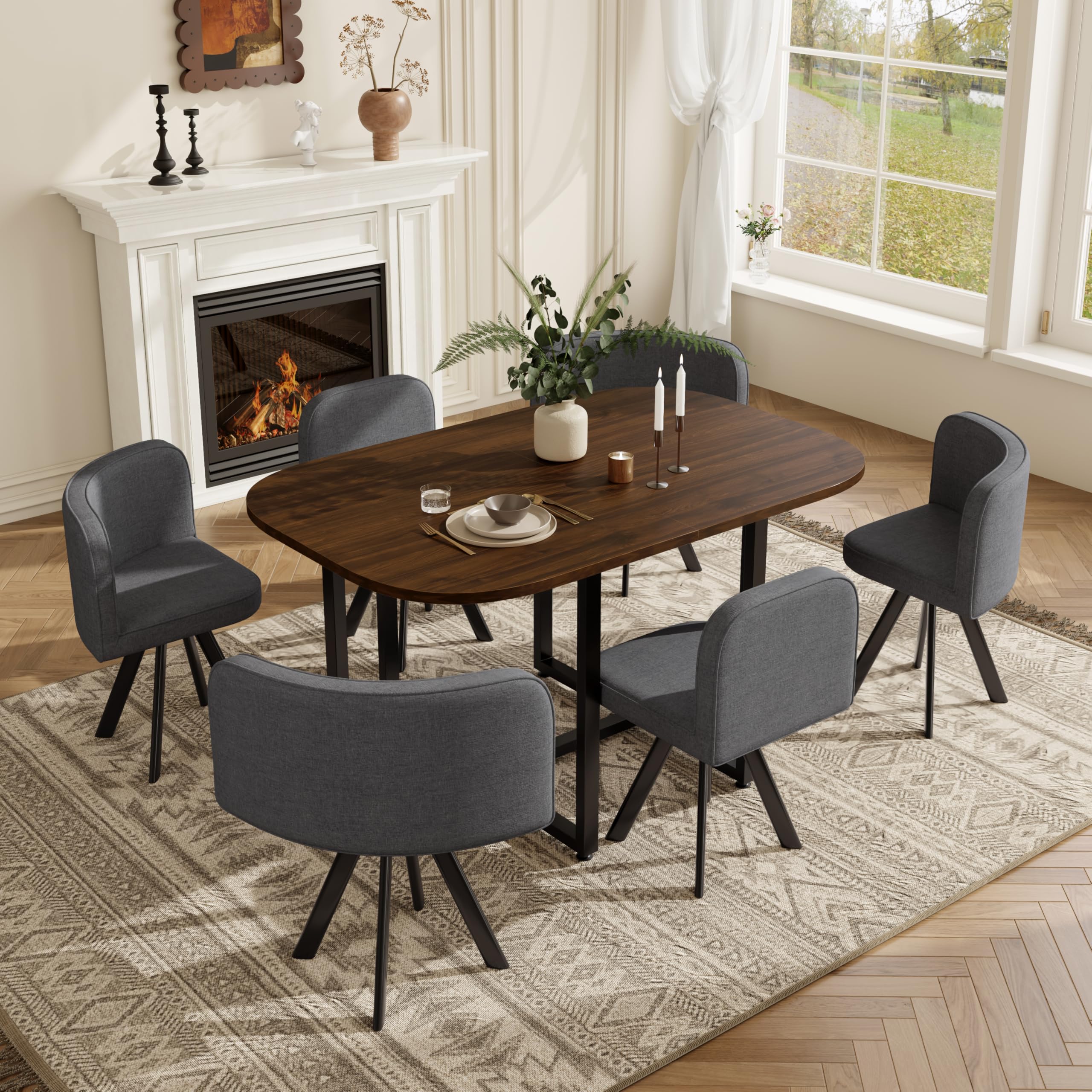 Essgruppe mit 6 Stühlen aus Leinen, Esstisch Set mit Tischplatte(140 x 90cm) aus Walnussholz, Dining Table Set mit rutschfeste Fußpolster, für Küchen und Esszimmer, Grau