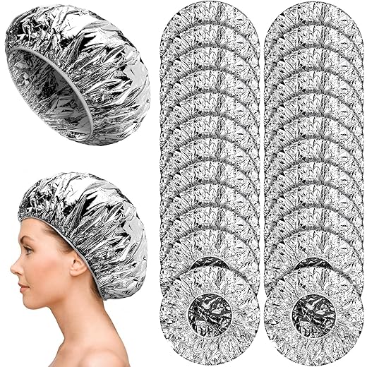 24 Pieces Aluminum Foil Hair Caps Deep Conditioning Caps Reusable Processing Cap for Hair Elastic Salon Coloring Shower Caps Thermal Silver Foil Cap for Thick Long Hair, Home and Salon Uses