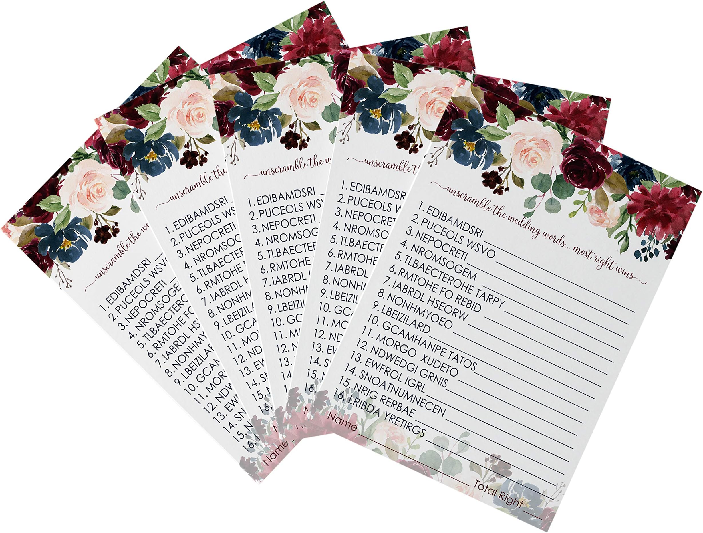 Paper Clever PartyIndigo Floral Bridal Shower Games Word Scramble Pack of 25 Unscramble Activity Cards for Engagement Rehearsal Wedding Reception Rustic Event Supply Printed (5x7)