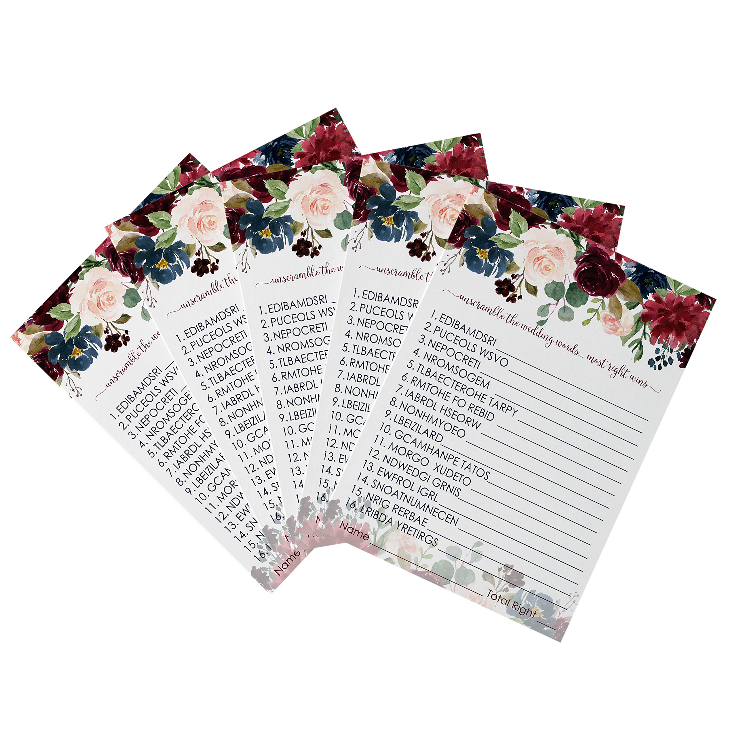 Paper Clever PartyIndigo Floral Bridal Shower Games Word Scramble Pack of 25 Unscramble Activity Cards for Engagement Rehearsal Wedding Reception Rustic Event Supply Printed (5x7)