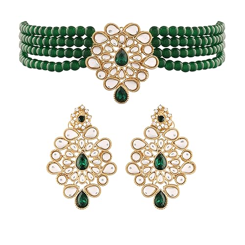 I Jewels 18K Gold Plated Traditional Kundan with Beads Choker Necklace Jewellery Set for Women/Girls (ML263G)