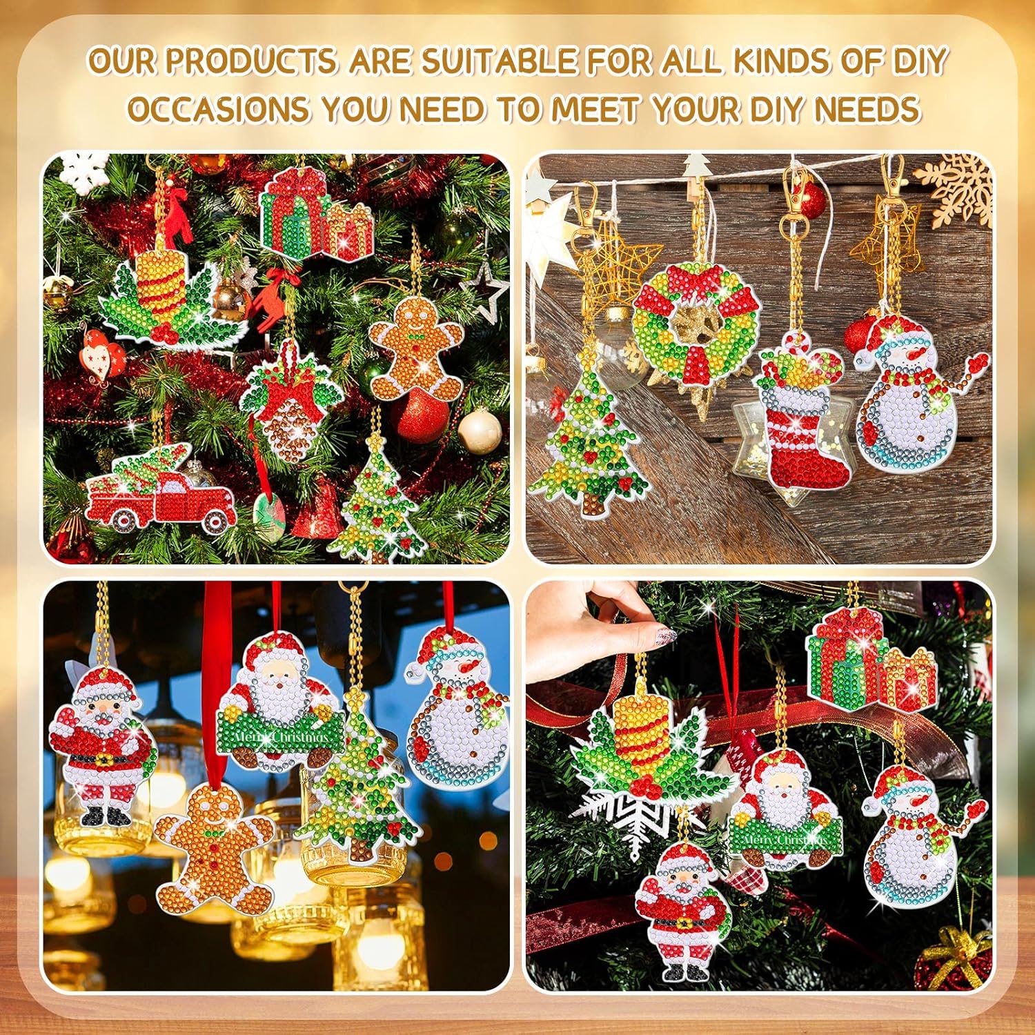 Ferraycle 12 Pieces Christmas Diamond Painting Kits Diamond Art Christmas Ornaments 5d DIY Art Kits Hanging Xmas Painting Keychain for Kids Crafts Family Decor (Santa Style)