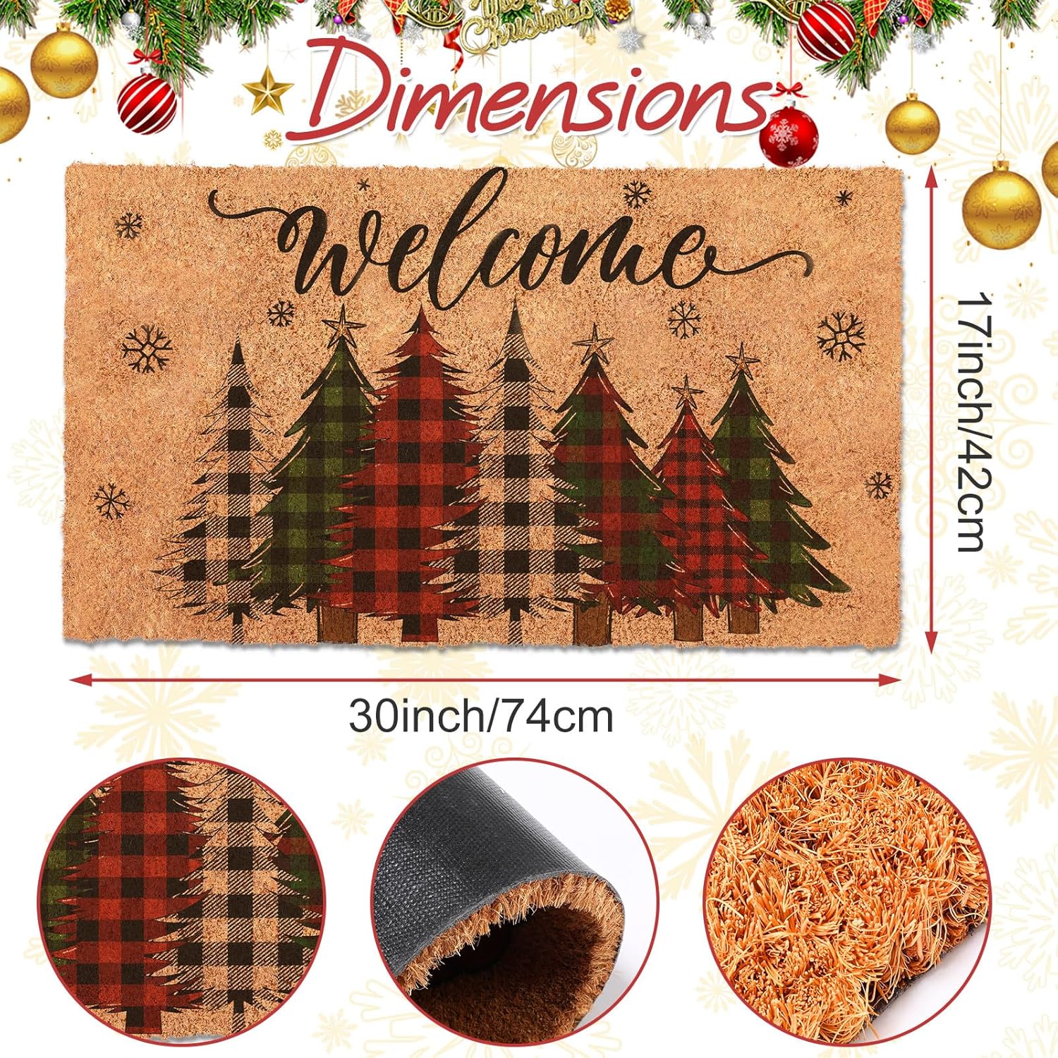 Capoda Christmas Door Mat 30 x 17 Inch Winter Welcome Doormat Non Slip Large Porch Coir Rug Winter Front Door Mat for Xmas Indoor Outdoor Entrance Porch Decor(Christmas Tree)