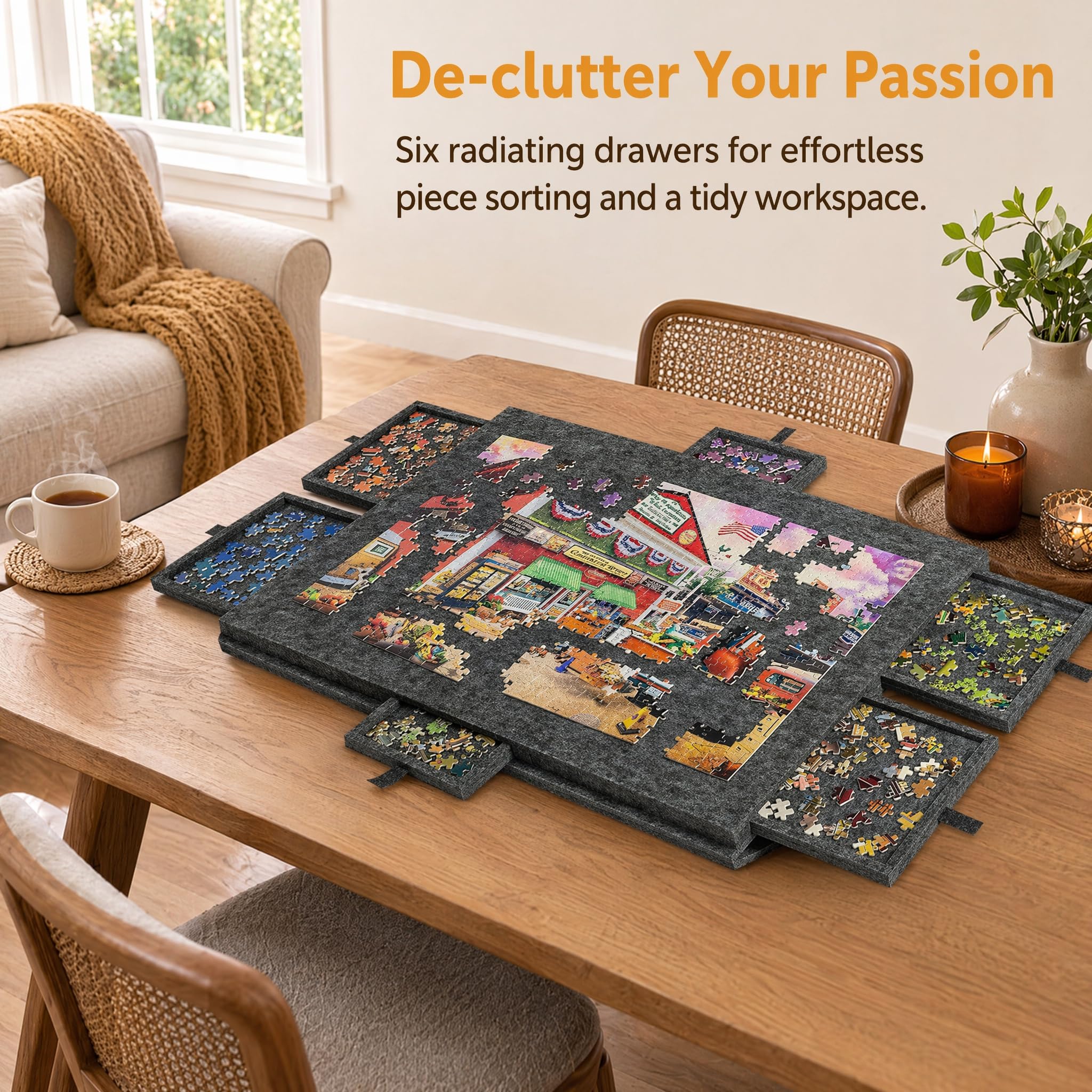 Stół do puzzli z 6 szufladami i pokrywą, przenośny organizer do puzzli z filcu ze stojakiem 2 w 1, regulowany stół do puzzli, na maks. 1000 części, idealny do sortowania i przechowywania (ciemnoszary)
