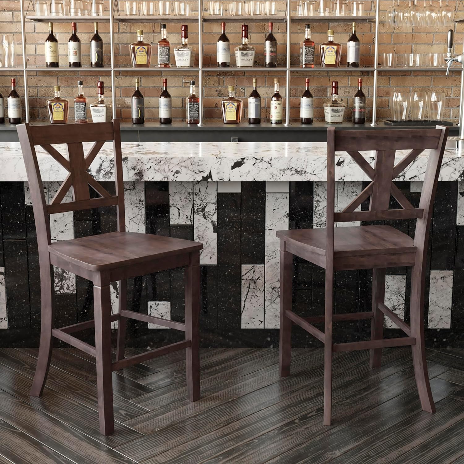BizChair Commercial Grade Modern Farmhouse Counter Stool - Solid Wood Frame - Integrated Footrest - Set of 2 - Gray Wash