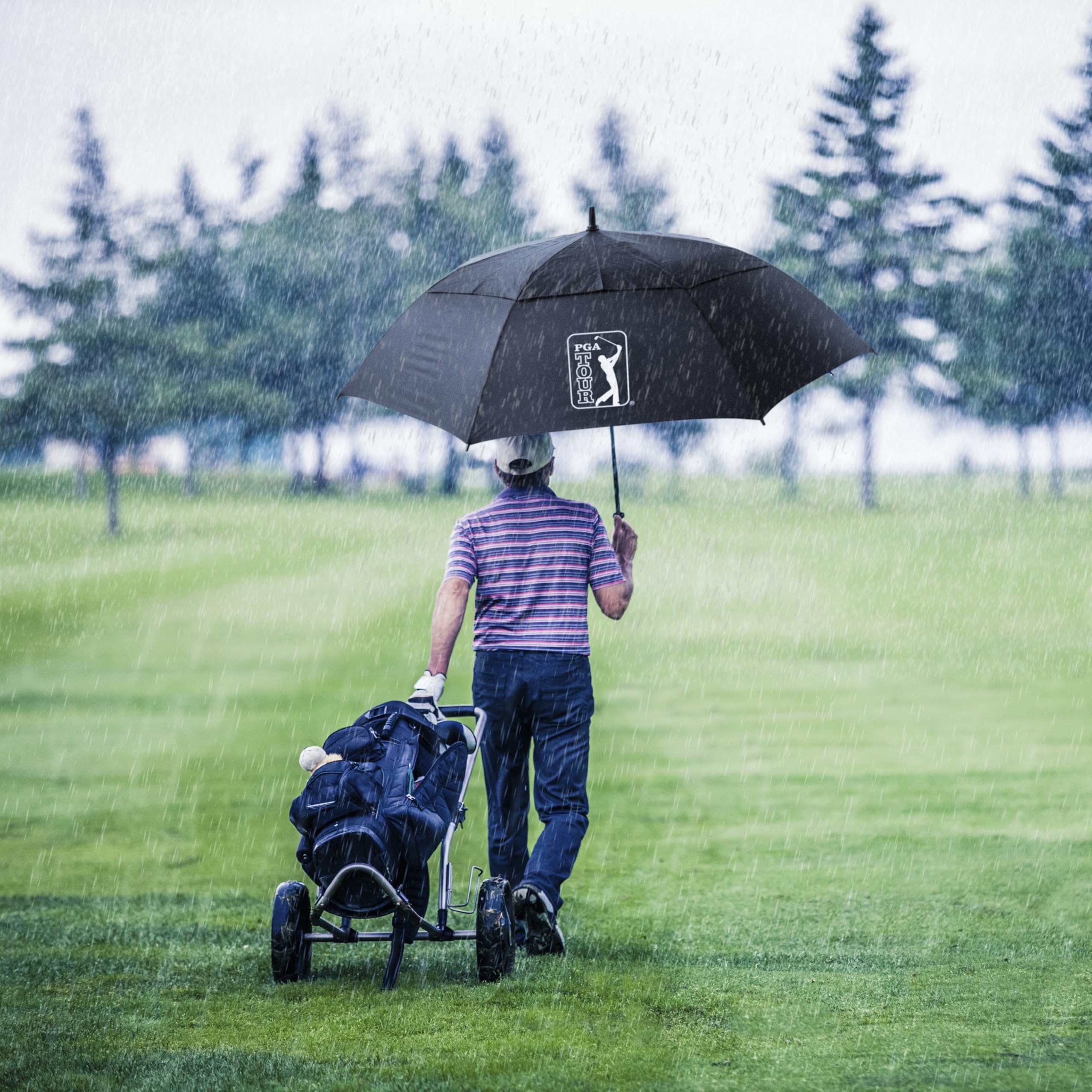 PGA TOUR 62-Inch Golf Umbrella - Windproof Double Canopy, Mens Umbrellas with Auto Open, Fibreglass Shaft, Non-Slip Handle, Velcro Straps, Rainproof Cover - Golf Umbrella Windproof