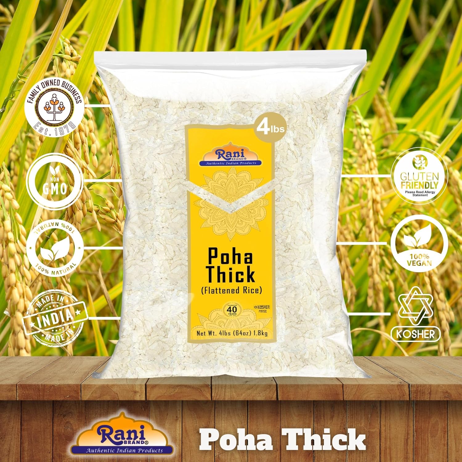 Rani Poha (Powa) Thick Medium-Cut (Flattened Rice) 64oz (4lbs) 1.81kg ~ All Natural, Salt-Free | Vegan | Kosher | No Colors | Gluten Friendly | Indian Origin (Pack of 2)