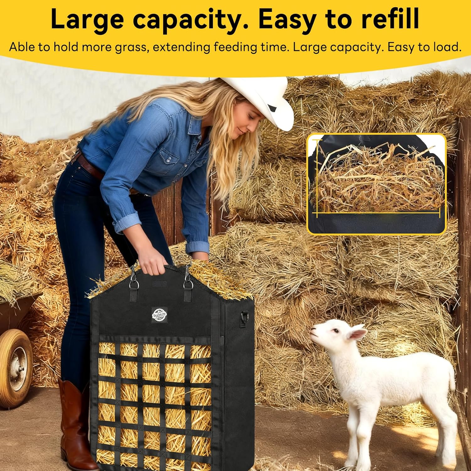 Hay Bag for Horse,Slow Feed Horse Hay Bags,3 Pcs Slow Feed 25” Hay Bag for Horses,Strong 2.4x2.4''Holes Goats, Cows & Donkeys,Easy Fill Large Opening for Ranch Farm Outdoor Feeding (3 Black)