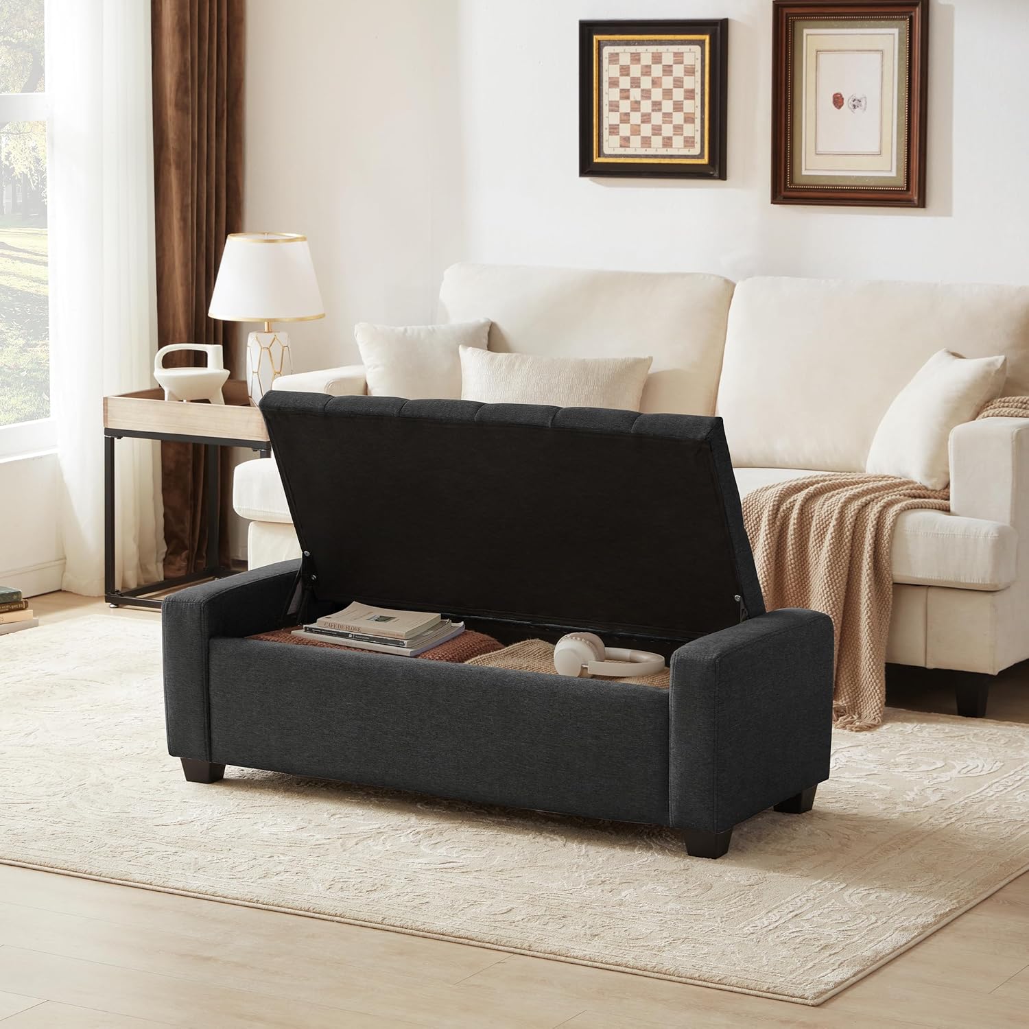Ottoman Storage Bench With Safety Hinge - Upholstered End of Bed Bench for Bedroom - Holds up to 330 lb - Dark Gray