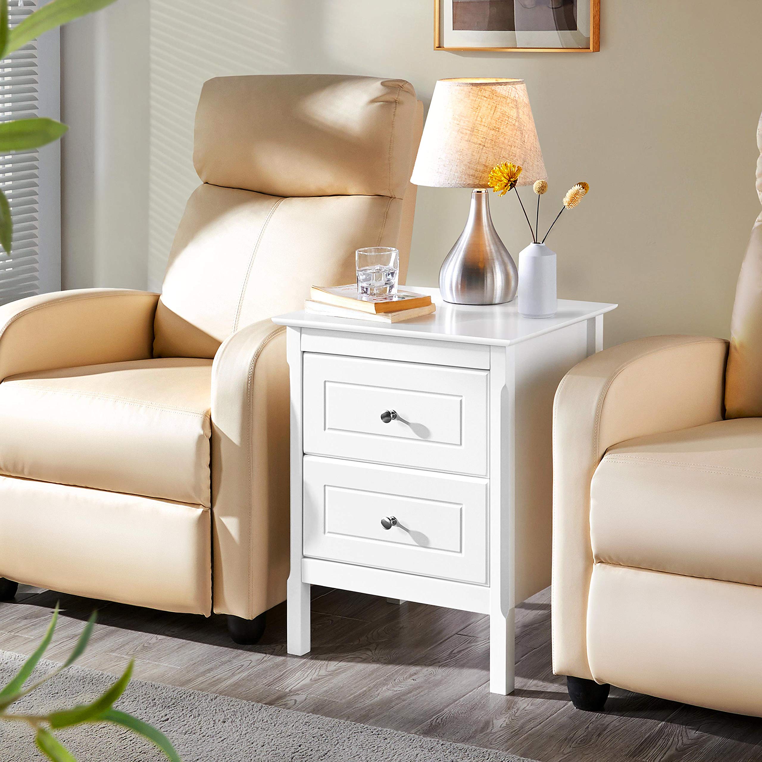 Yaheetech 2pcs Mesitas de Noche Blancas Mesillas de Noche | con Patas de Pino Macizo Mesitas Auxiliares de Madera de pino para Dormitorio 48x40x61cm