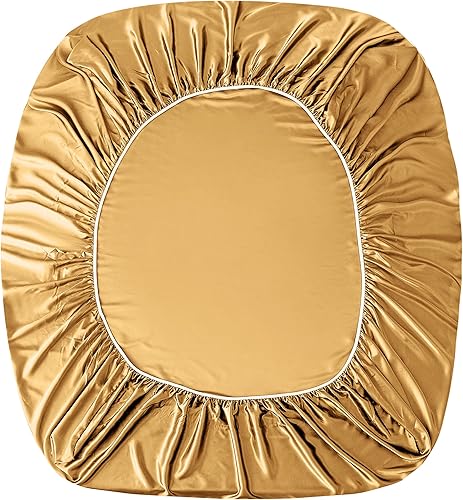 Miniatura 8 de Manyshofu Juego de sábanas de satén tamaño Queen de 4 piezas, suave y sedoso, juego de sábanas de satén dorado camello (1 sábana bajera, 1 sábana