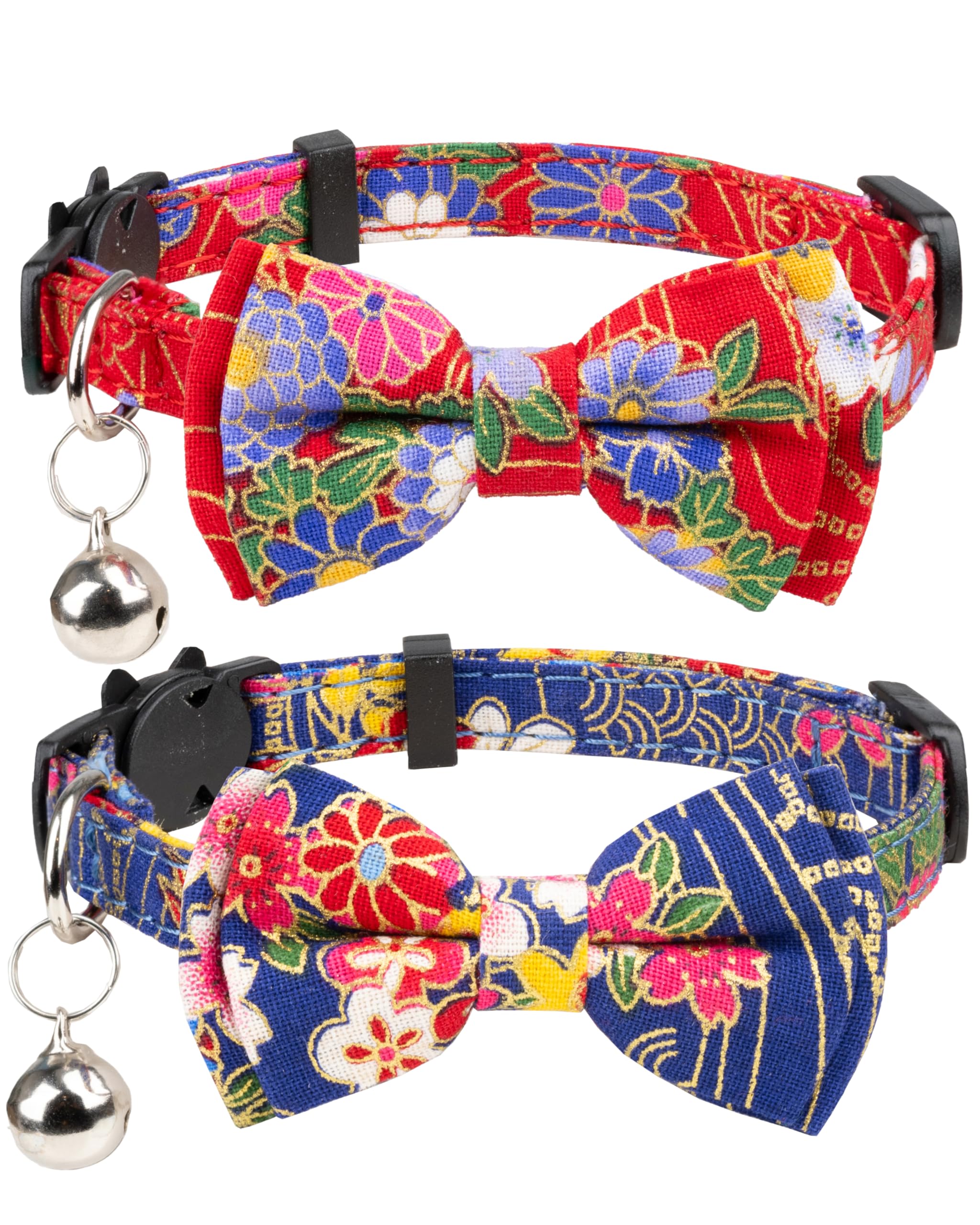 Collar for Cat Pet Breakaway with Bell Bowtie Detachable Bow Adjustable Safety Kitten Puppy Girl Boy 2pcs Navy Blue & Red