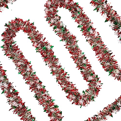 Guirnalda de oropel esponjosa de 32 pies, color rojo, verde, plateado, copos de nieve, decoraciones de Navidad, decoración metálica para colgar en